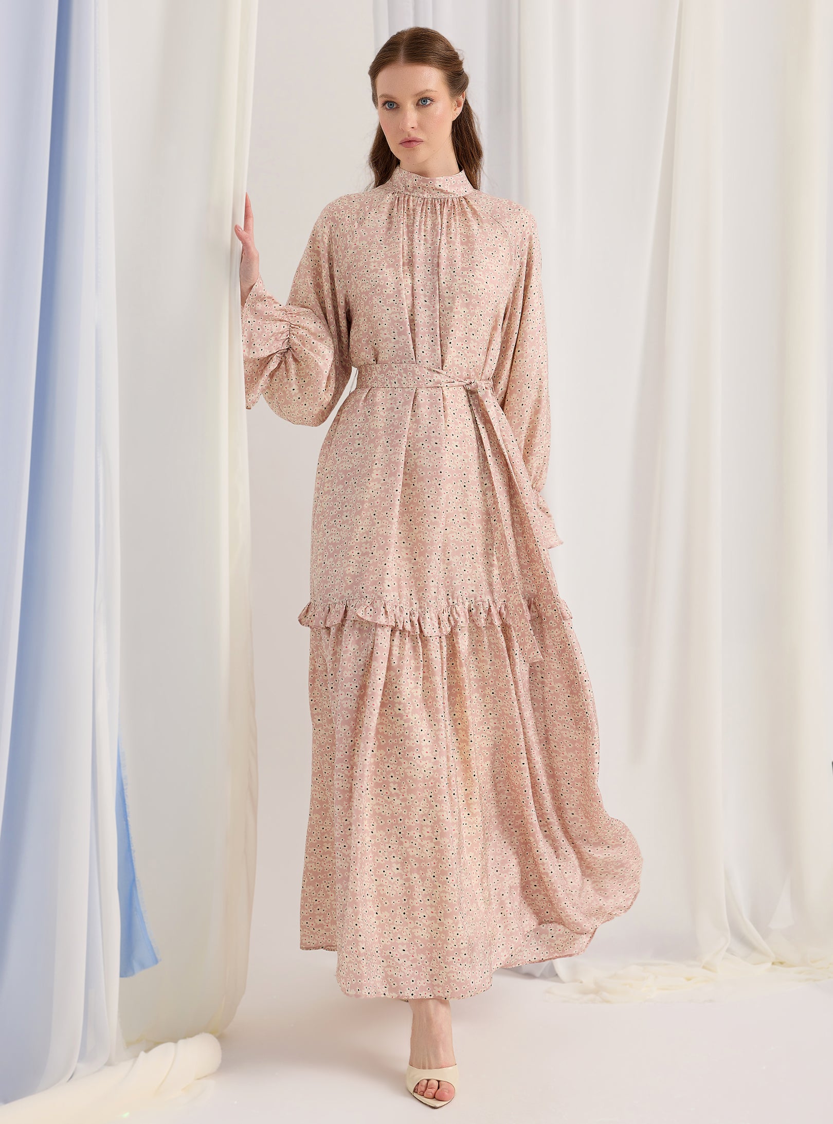 long sleeve tiered maxi dress Blue Skies & Blooms, 1X blue backdrop and oversized ivory peony print Emerald Green Dress - Tiered