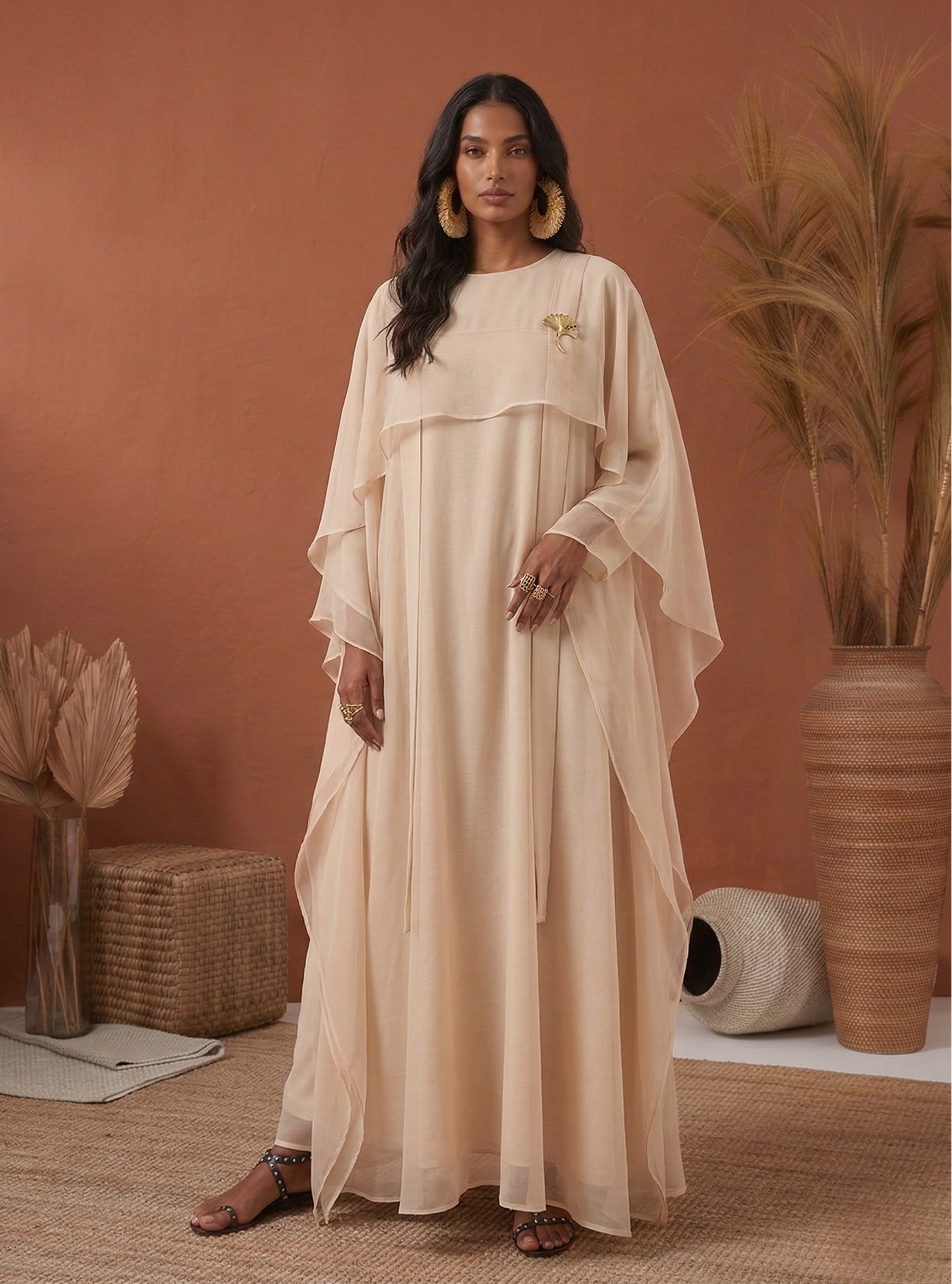 Beige Organza Double Layer Kaftan Dress