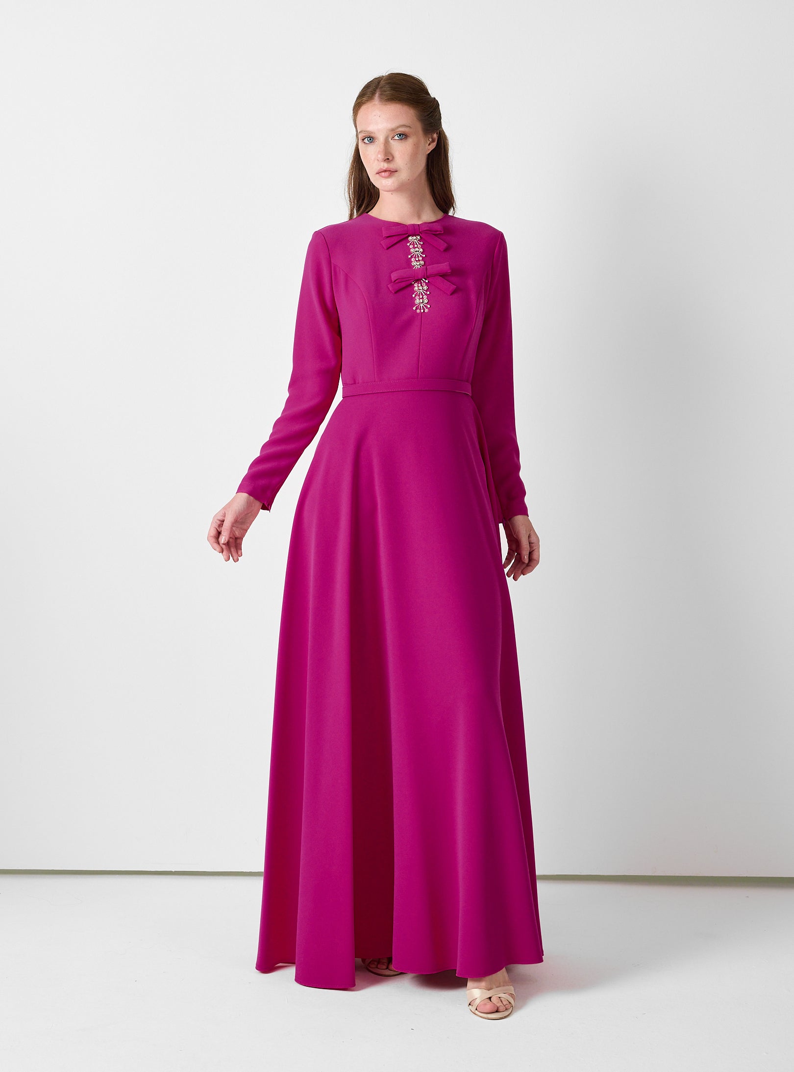 Fuchsia Maxi Dress with Bow & Jewel Detail - Store WF