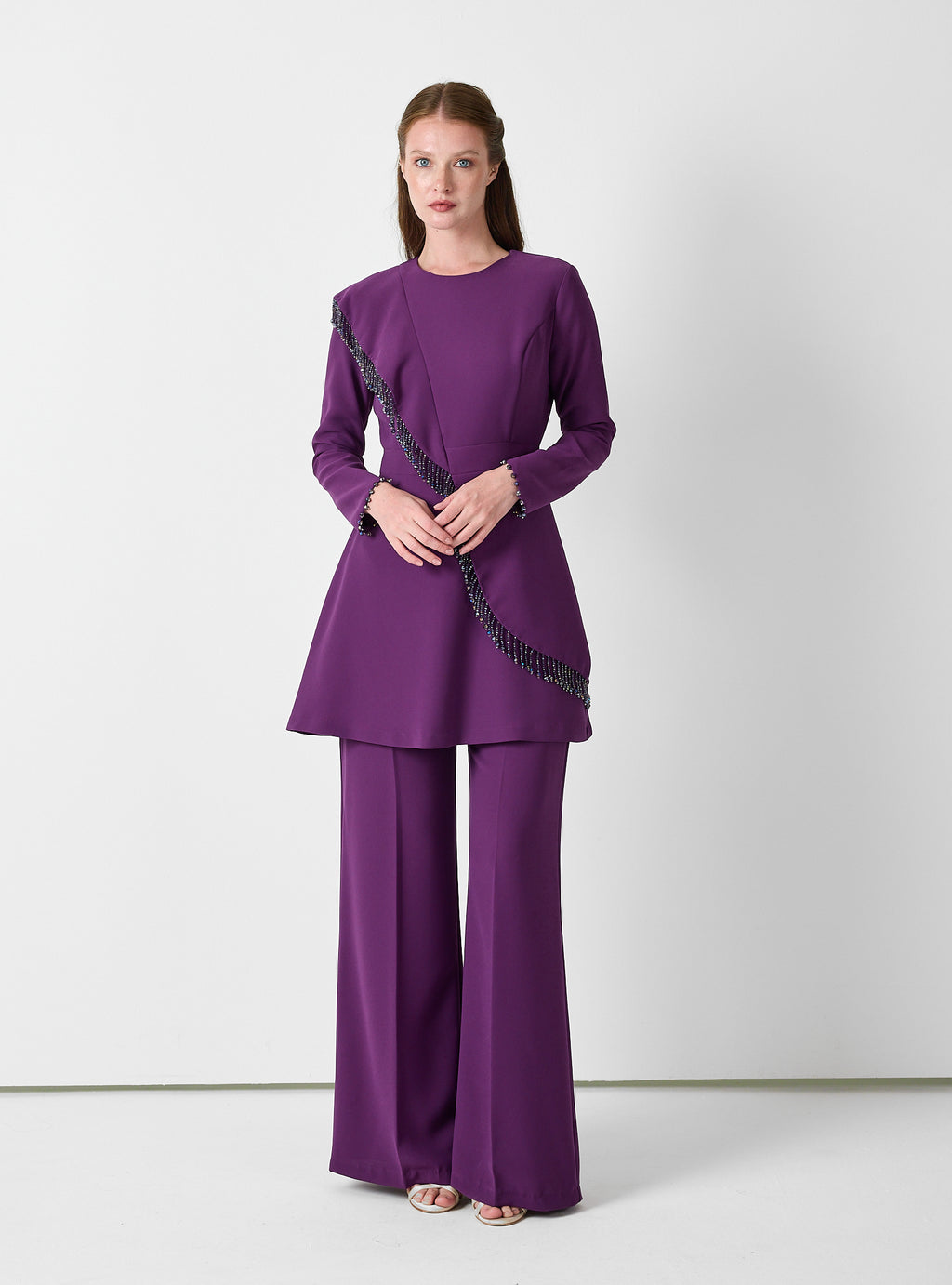 Purple Embellished Tunic & Wide-Leg Trouser Set - Store WF