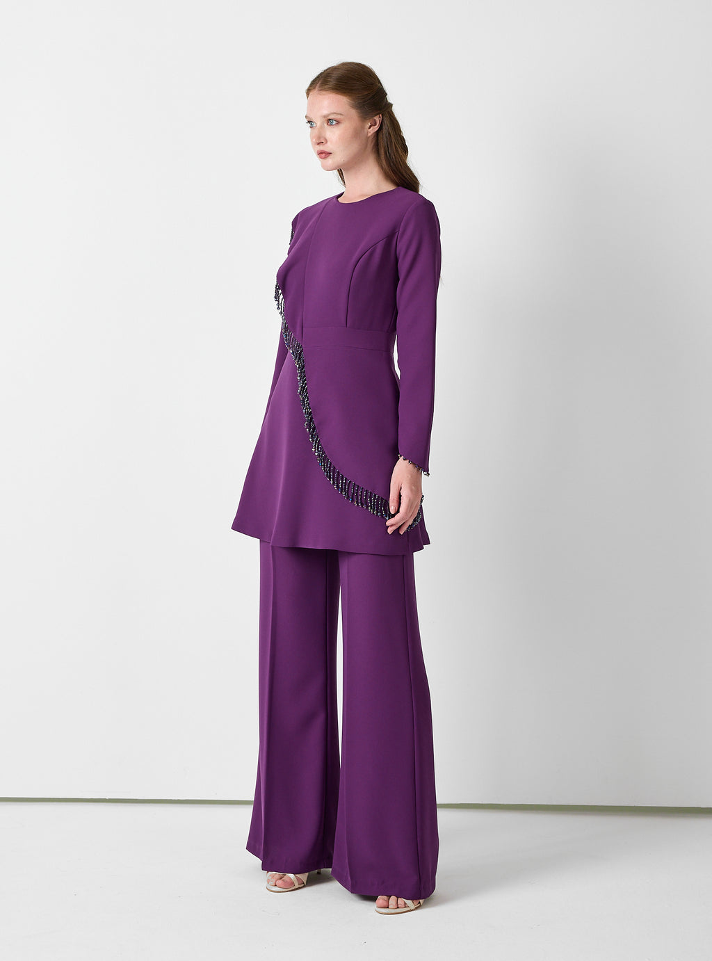 Purple Embellished Tunic & Wide-Leg Trouser Set - Store WF