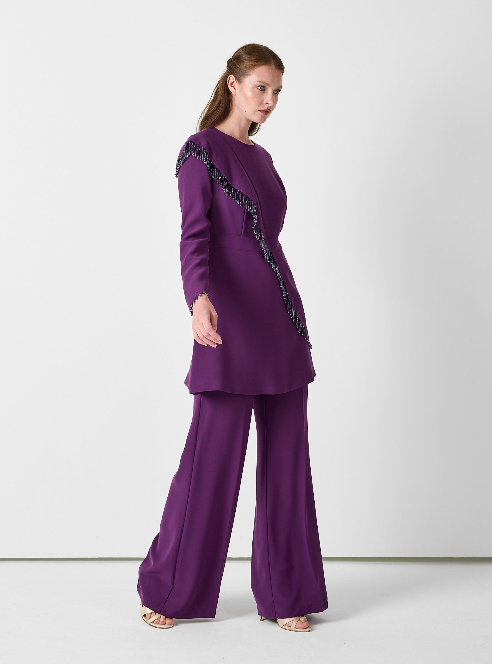 Purple Embellished Tunic & Wide-Leg Trouser Set - Store WF