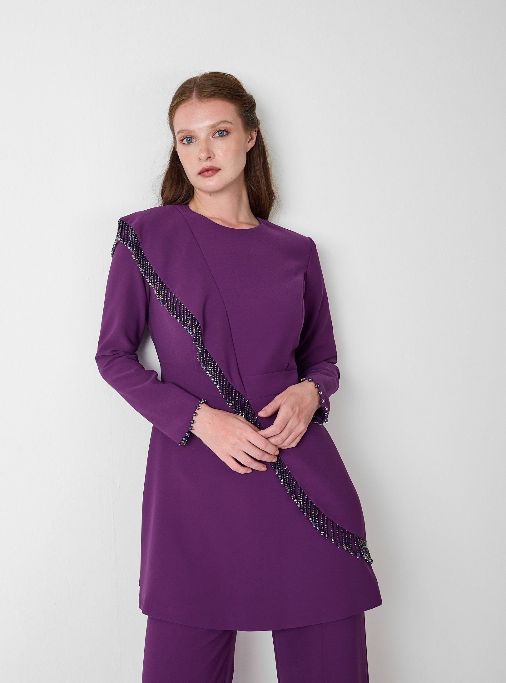 Purple Embellished Tunic & Wide-Leg Trouser Set - Store WF