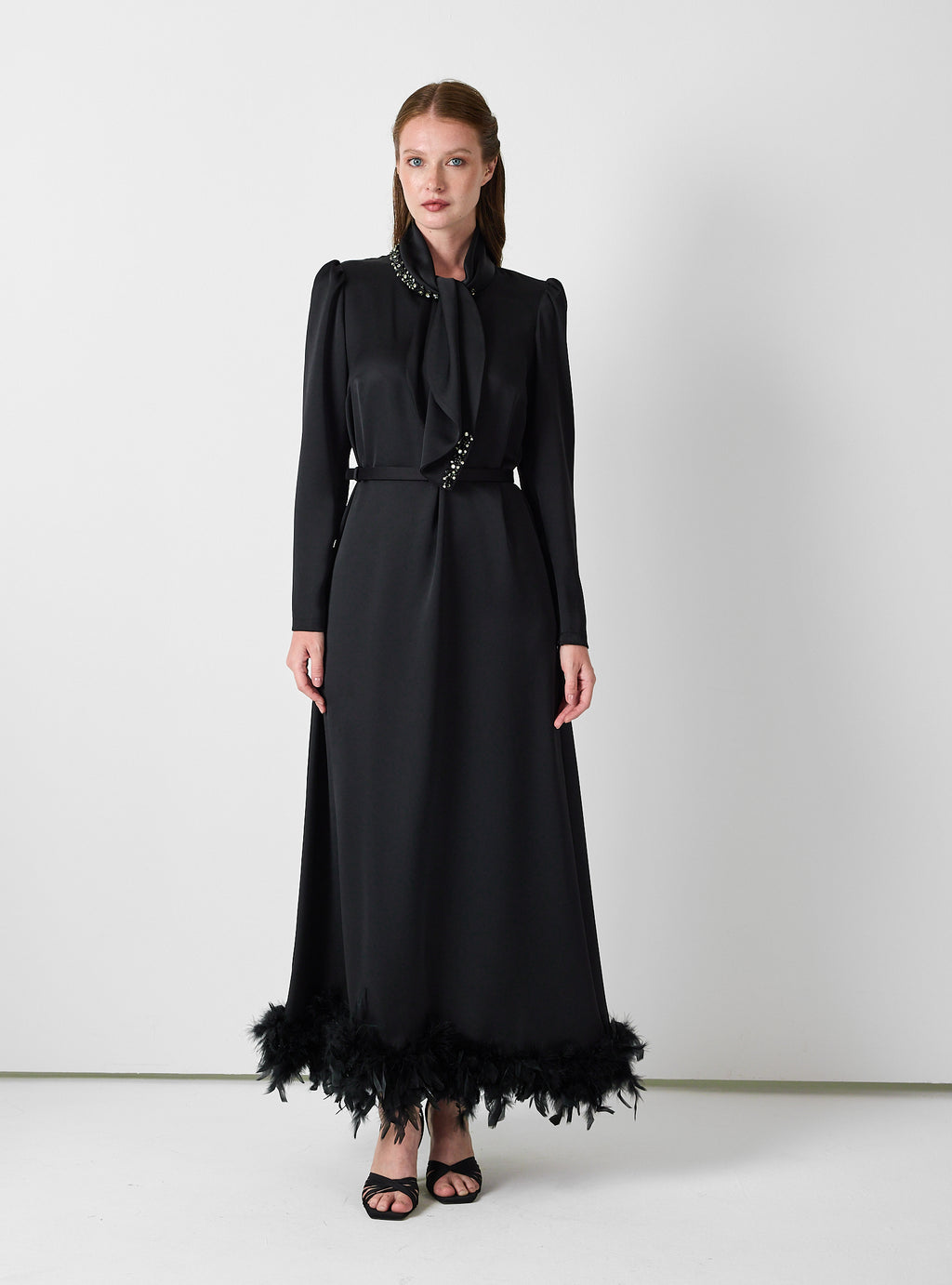 Black Feather-Trim Maxi Dress with Embellished Scarf Detail - Store WF