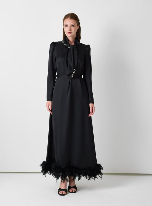 Black Feather-Trim Maxi Dress with Embellished Scarf Detail - Store WF