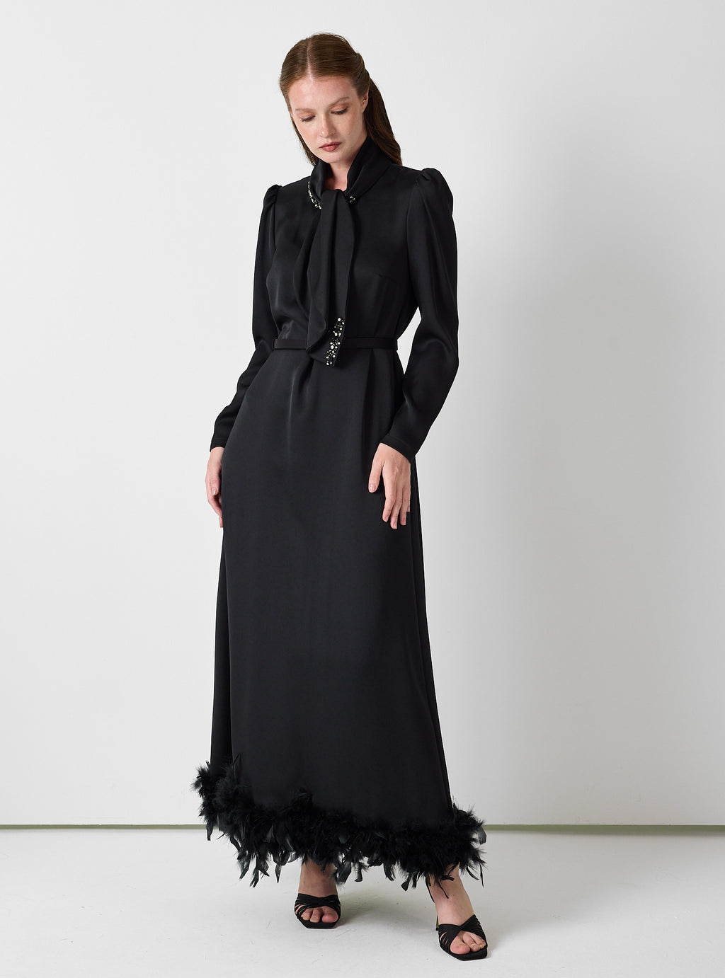Black Feather-Trim Maxi Dress with Embellished Scarf Detail - Store WF
