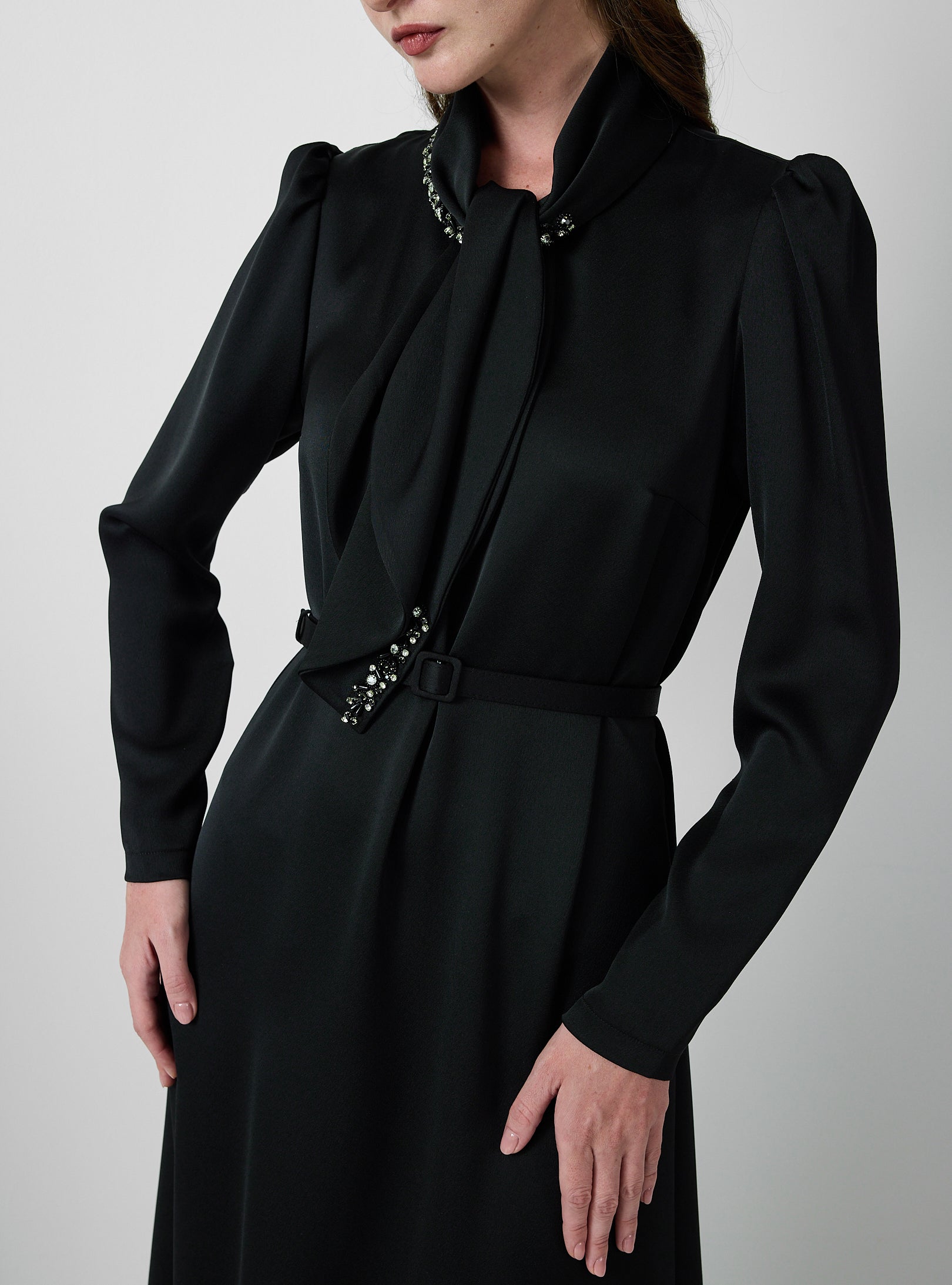 Siyah Tüy Detaylı ve İşlemeli Şal Detaylı Maksi Elbise