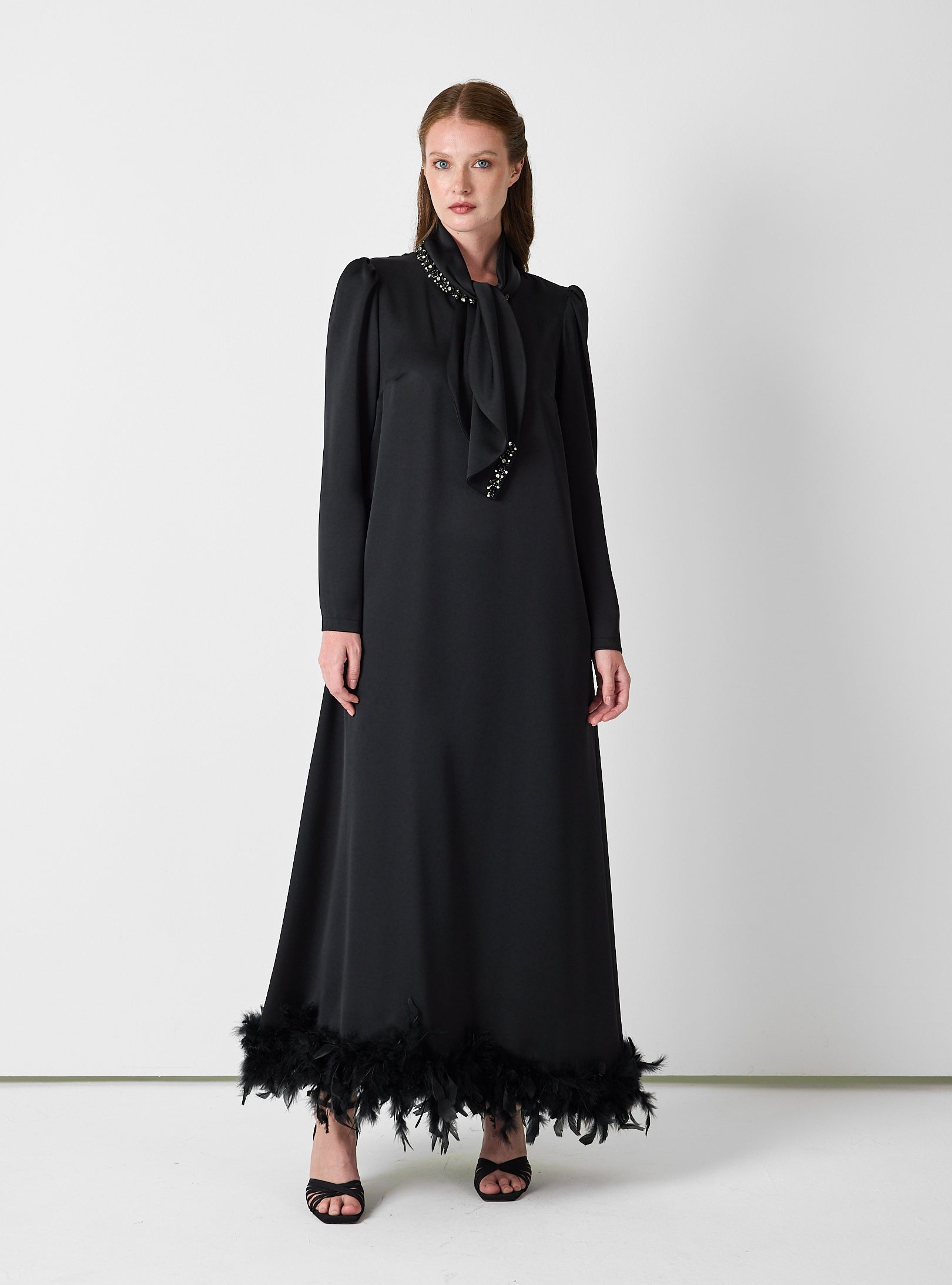 Black Feather-Trim Maxi Dress with Embellished Scarf Detail - Store WF