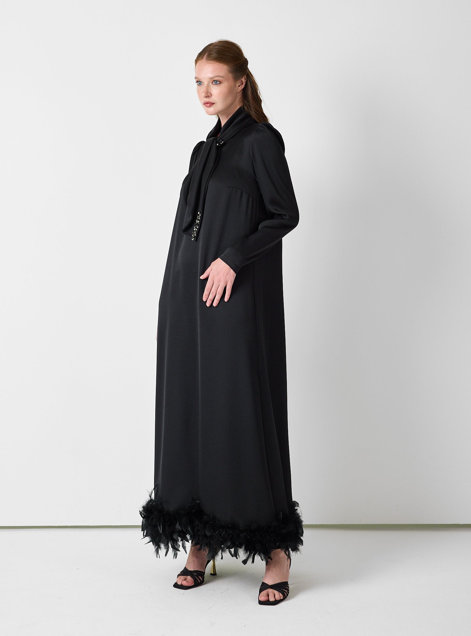 Black Feather-Trim Maxi Dress with Embellished Scarf Detail - Store WF