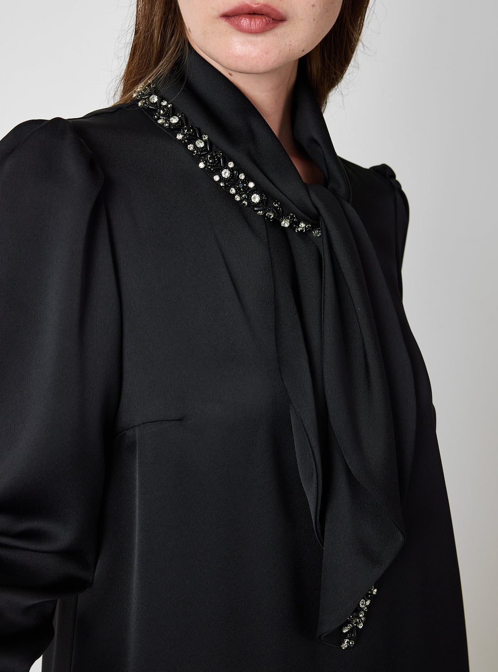 Black Feather-Trim Maxi Dress with Embellished Scarf Detail - Store WF
