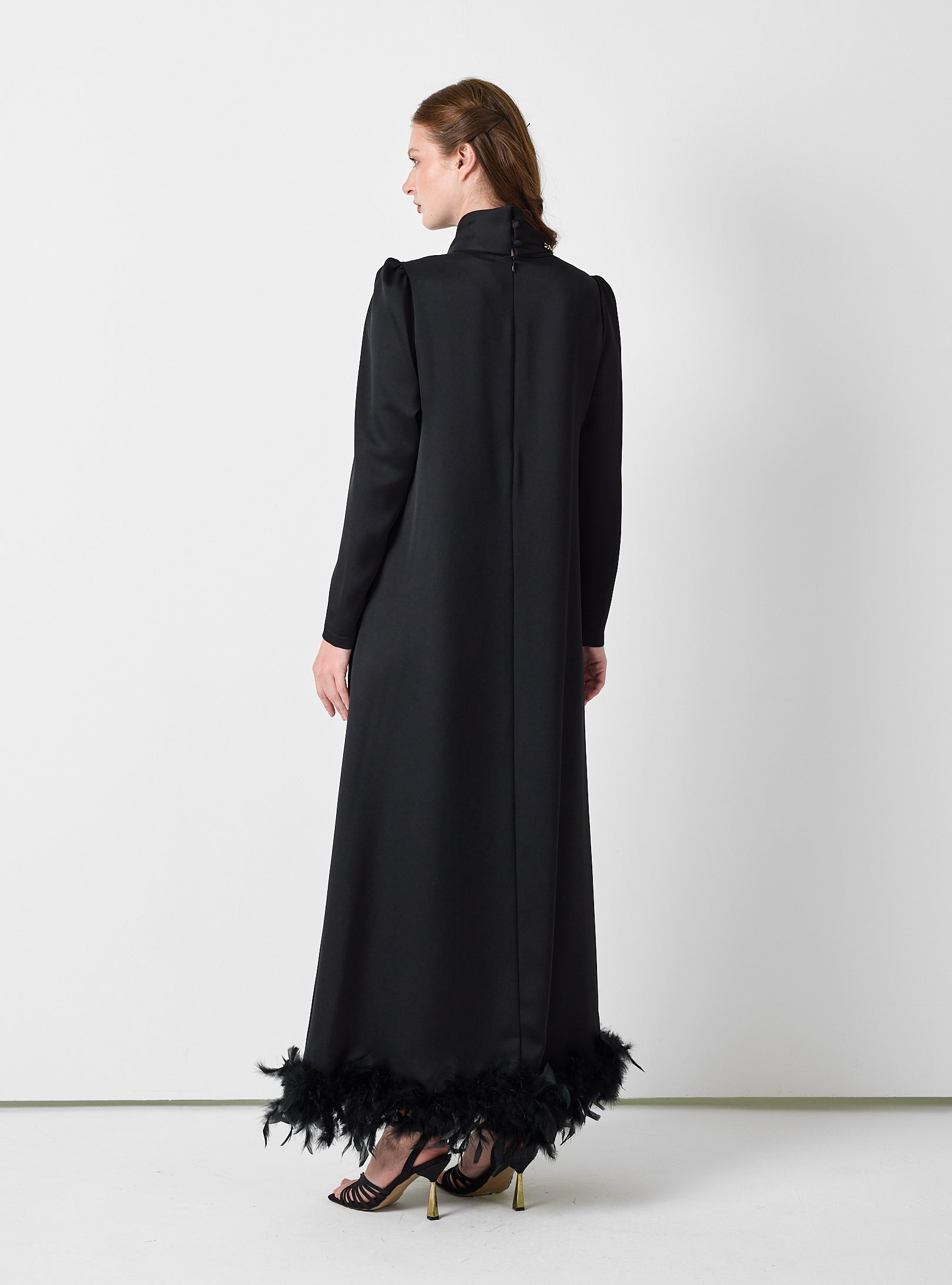 Black Feather-Trim Maxi Dress with Embellished Scarf Detail - Store WF