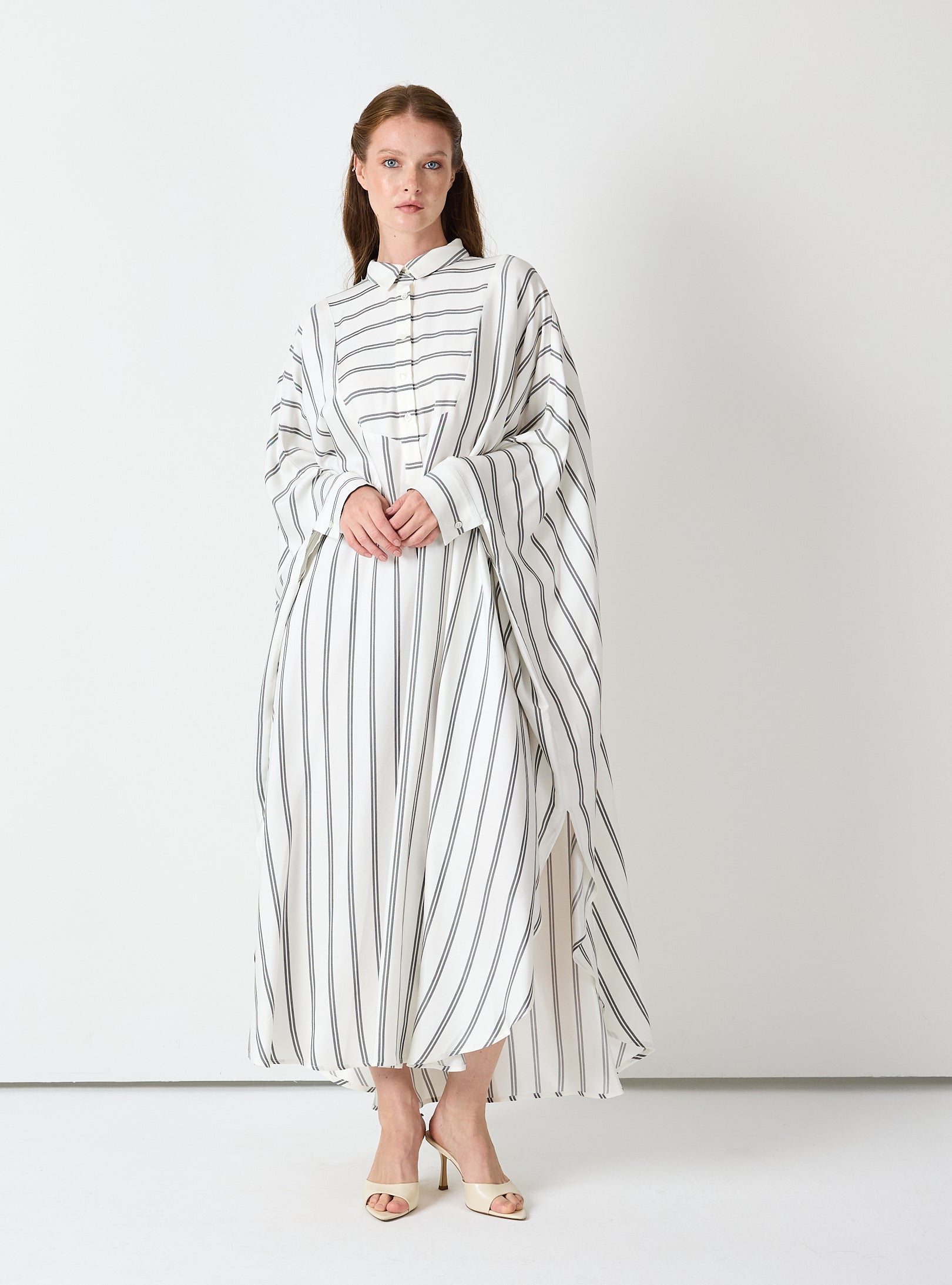White Striped Maxi Dress with Collar - Store WF
