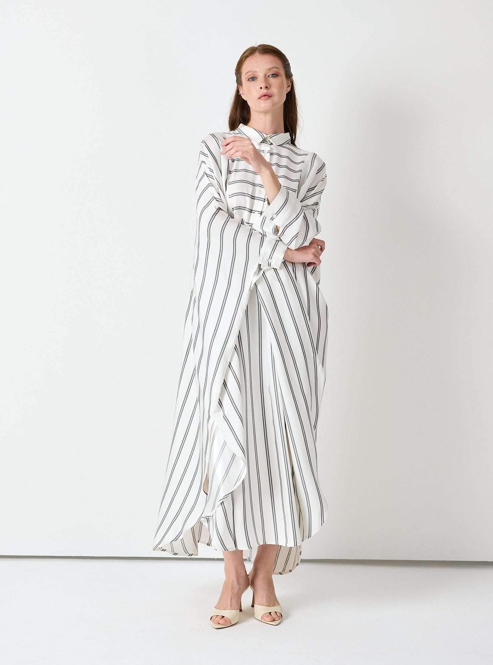 White Striped Maxi Dress with Collar - Store WF