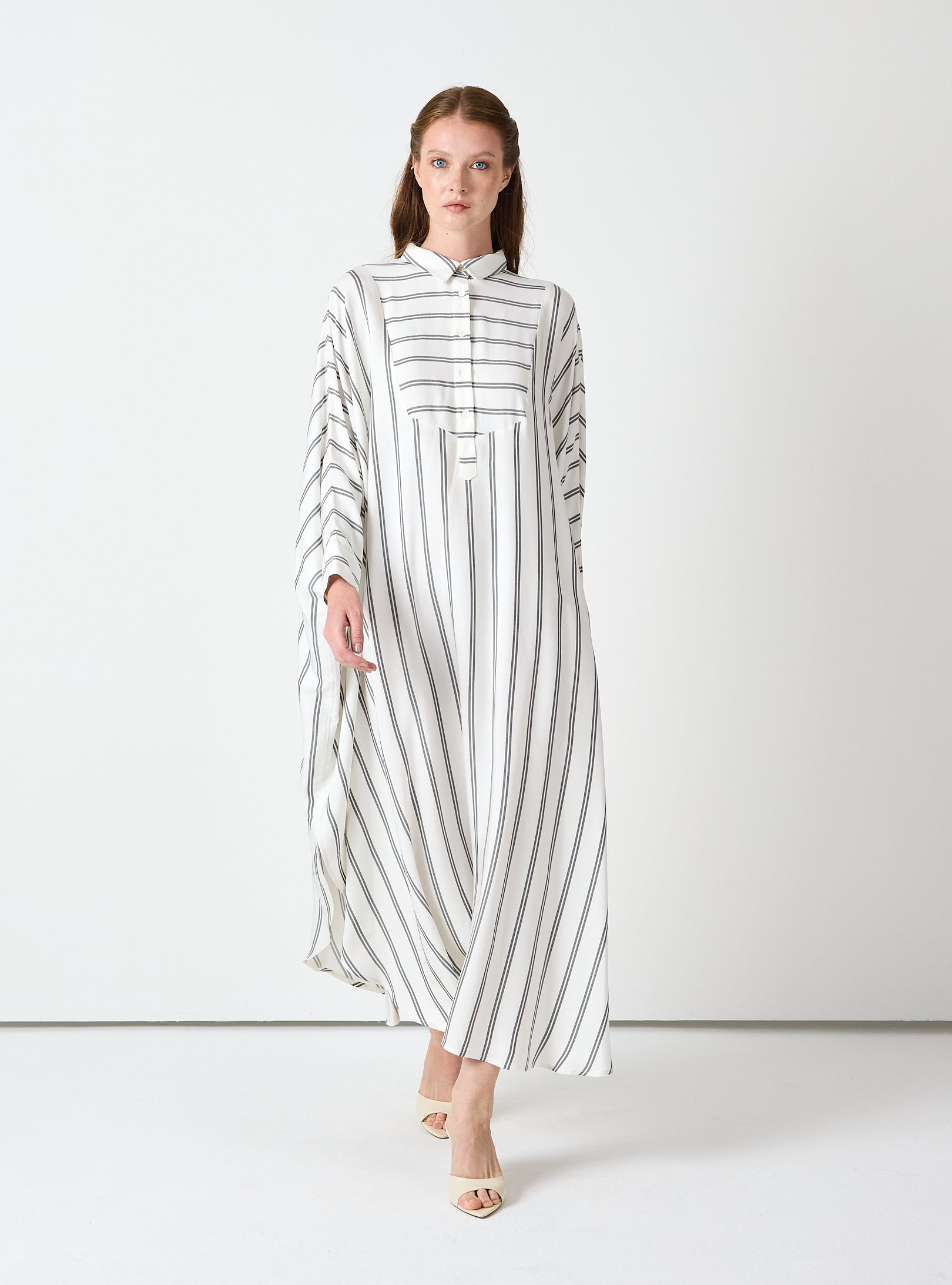 White Striped Maxi Dress with Collar - Store WF