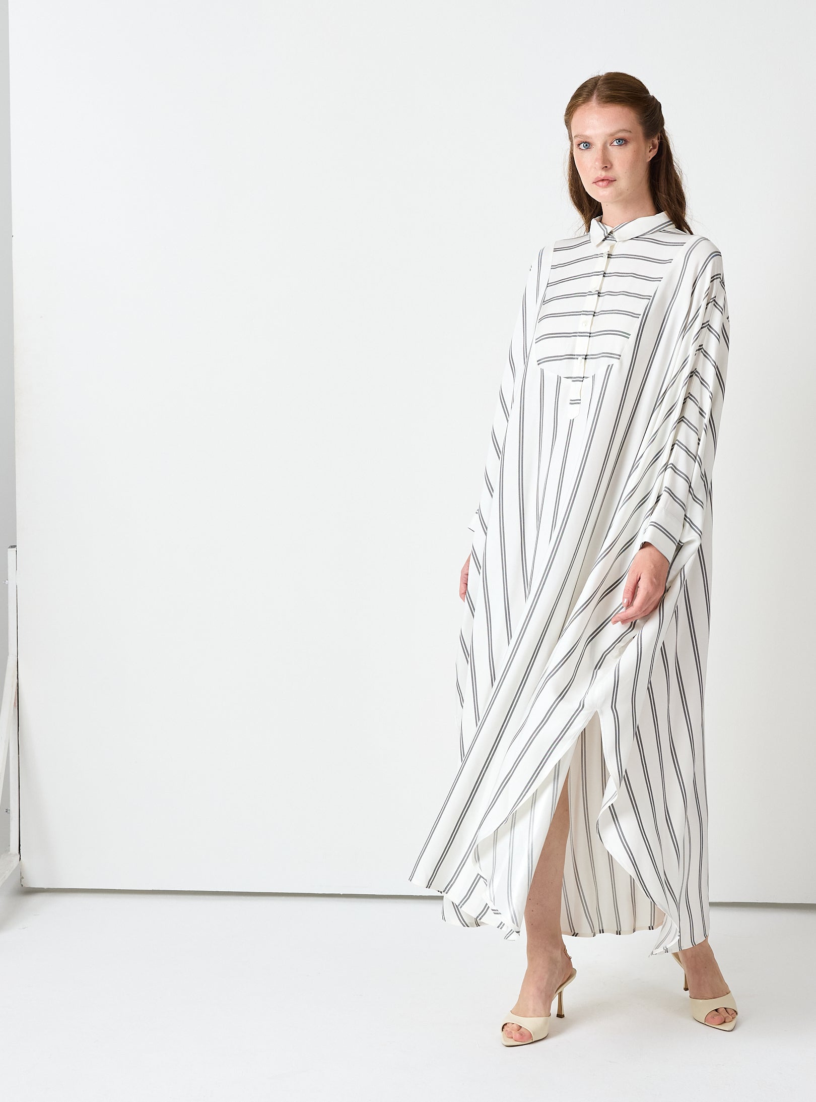 White Striped Maxi Dress with Collar - Store WF