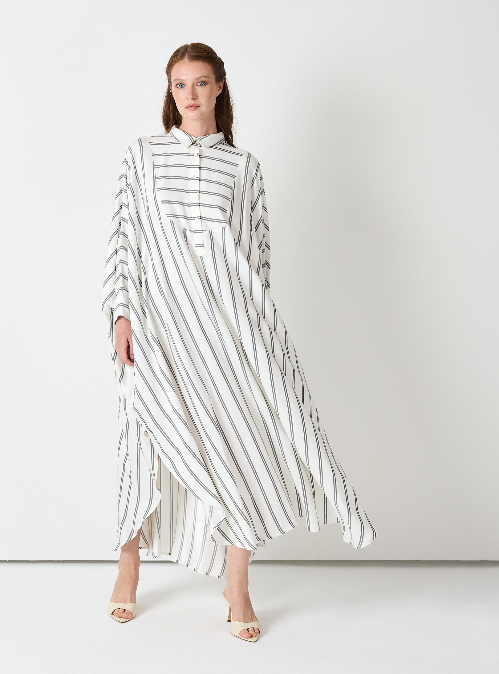 White Striped Maxi Dress with Collar - Store WF