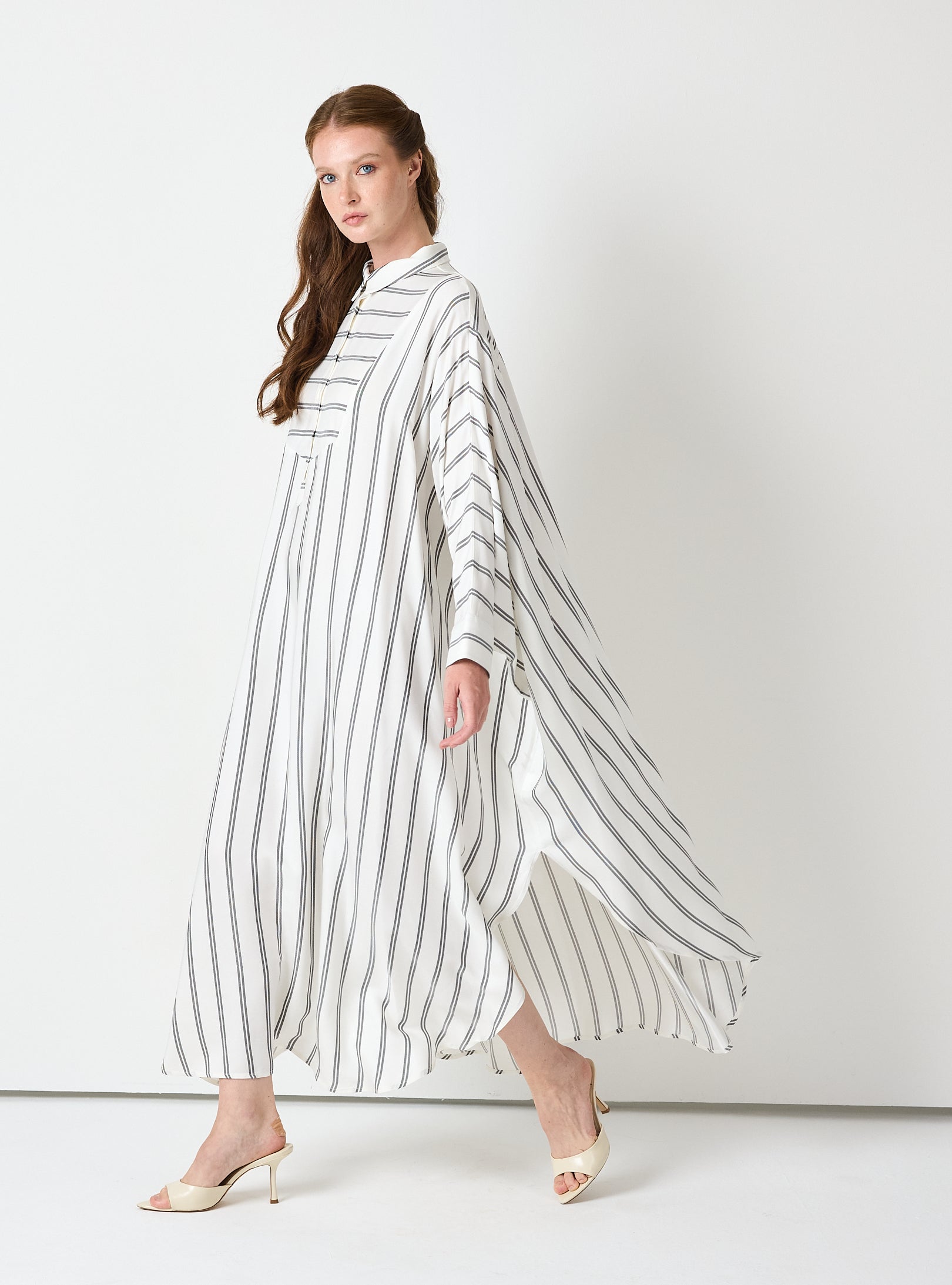 White Striped Maxi Dress with Collar - Store WF