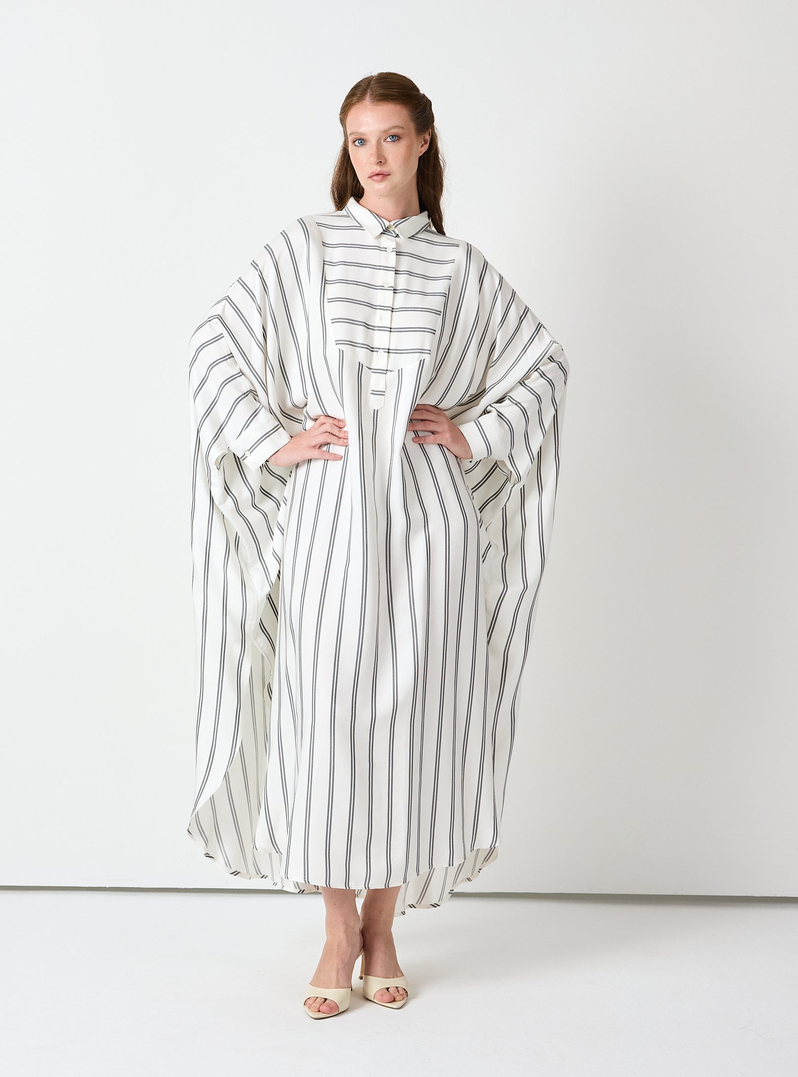 White Striped Maxi Dress with Collar - Store WF
