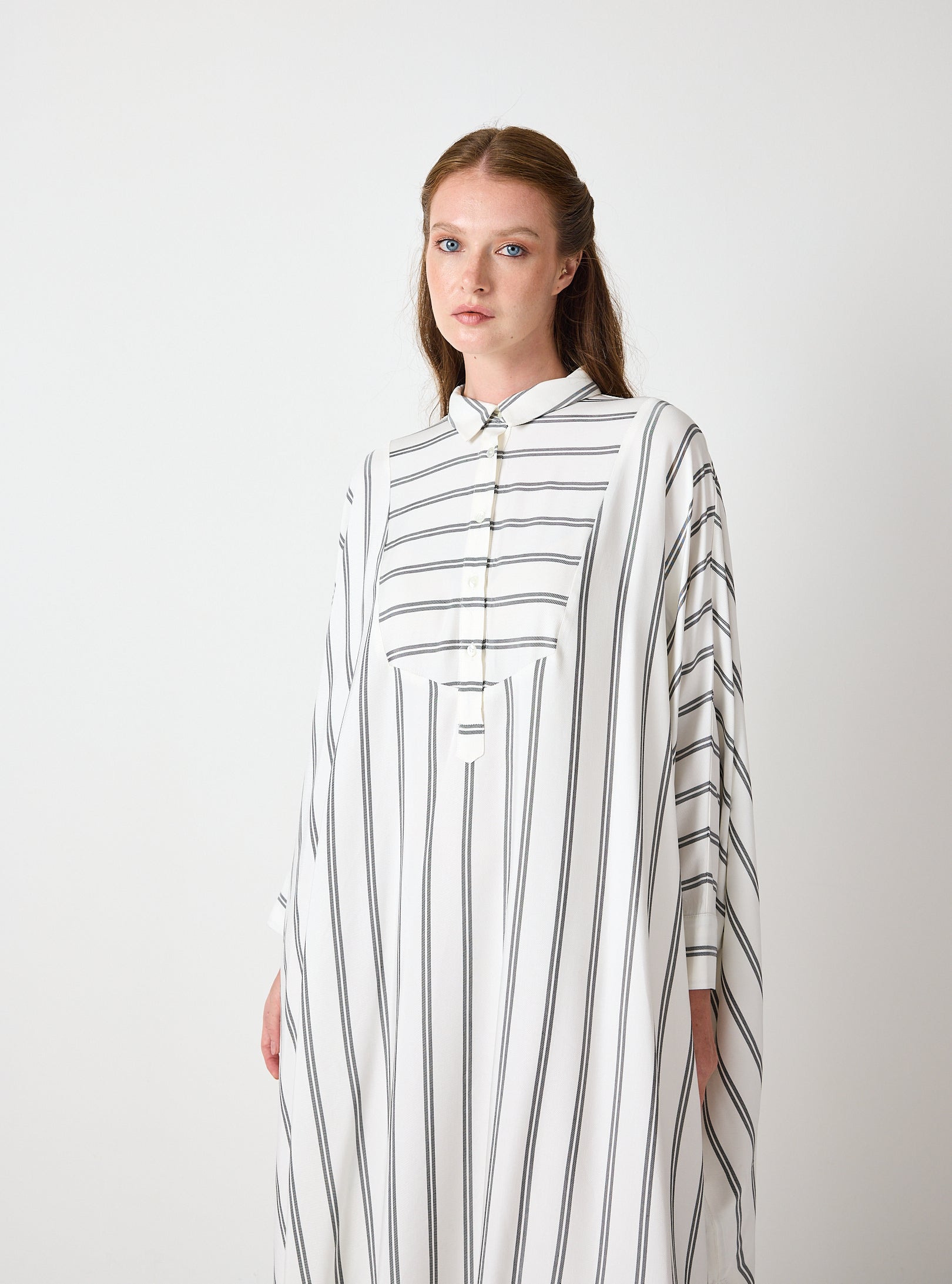 White Striped Maxi Dress with Collar - Store WF
