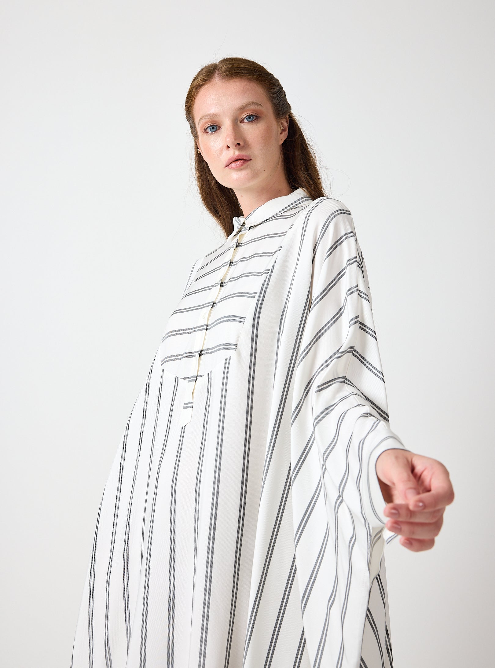 White Striped Maxi Dress with Collar - Store WF