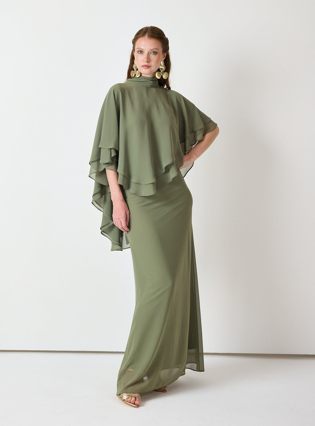 Army Green Chiffon Skirt Set with Layered Cape Top - Store WF