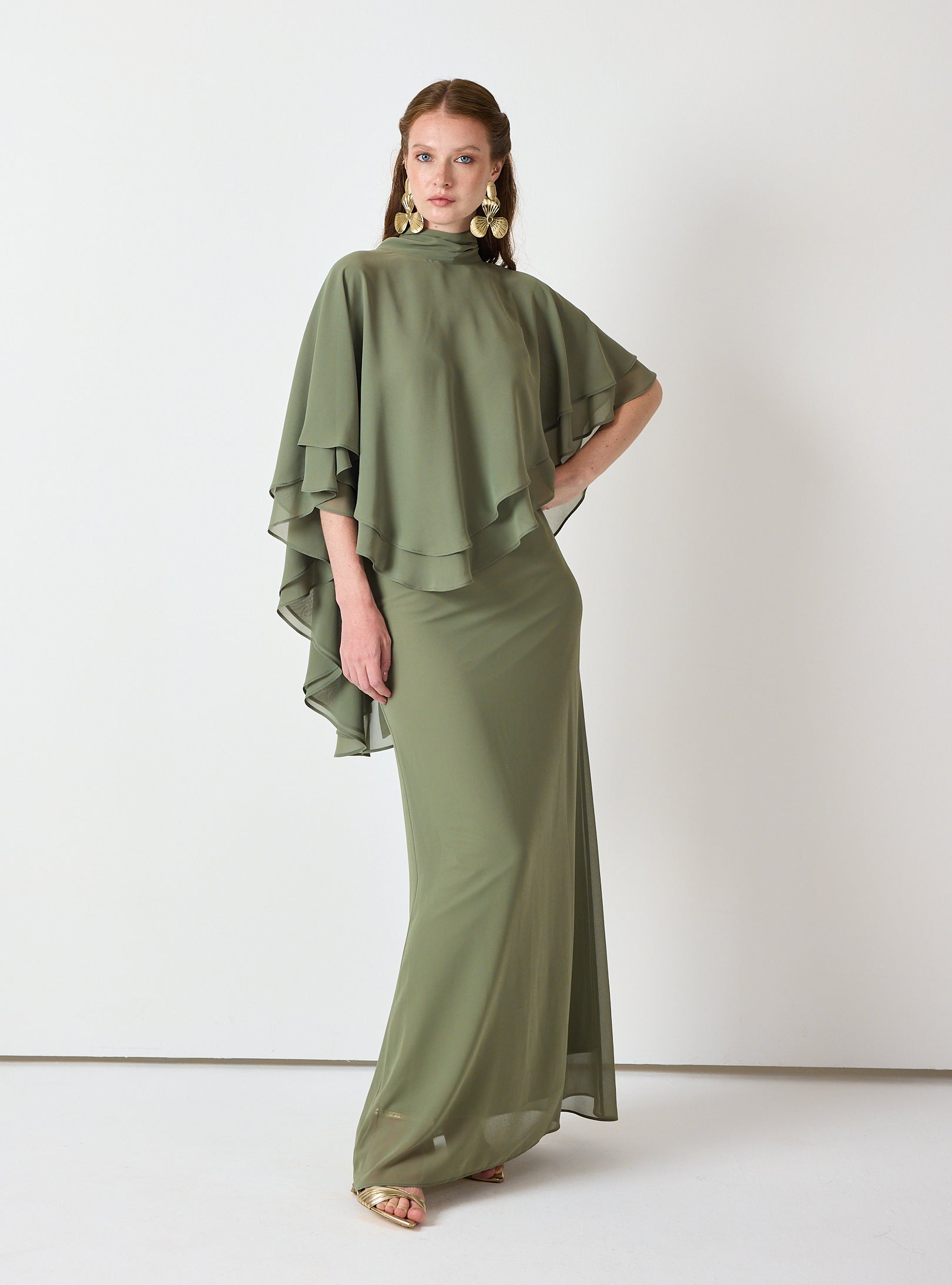 Army Green Chiffon Skirt Set with Layered Cape Top - Store WF