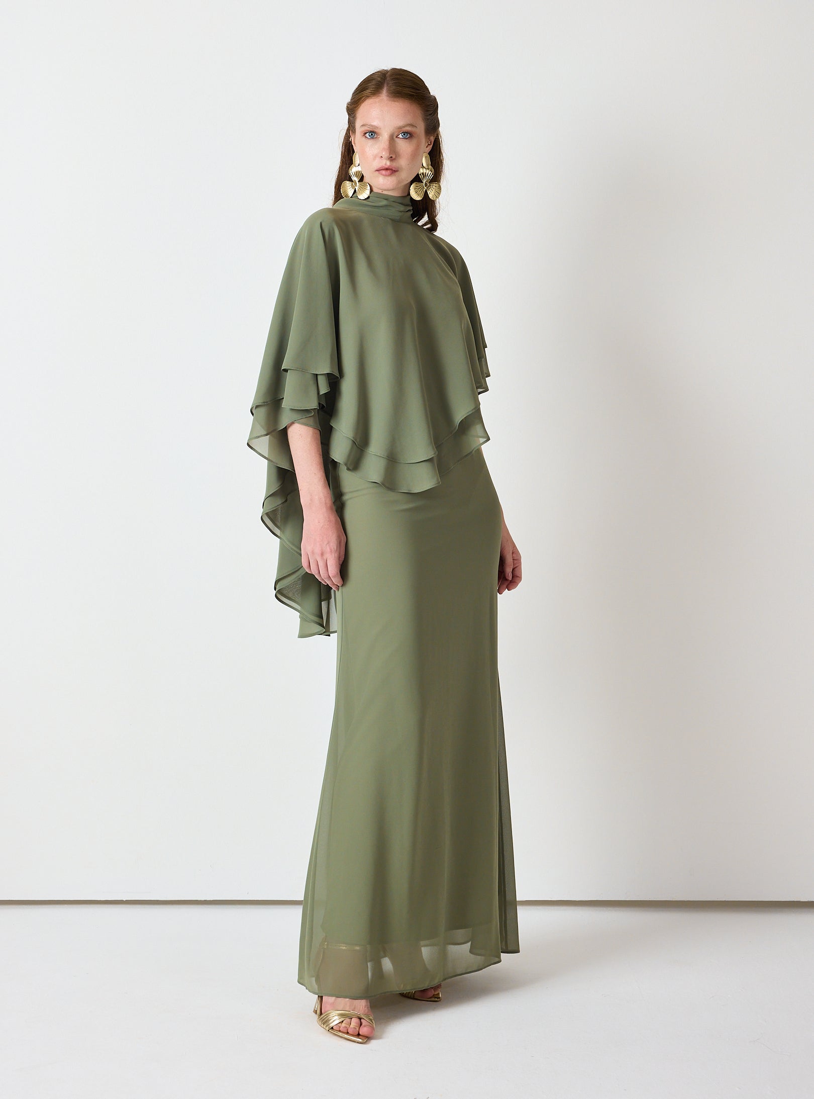 Army Green Chiffon Skirt Set with Layered Cape Top - Store WF