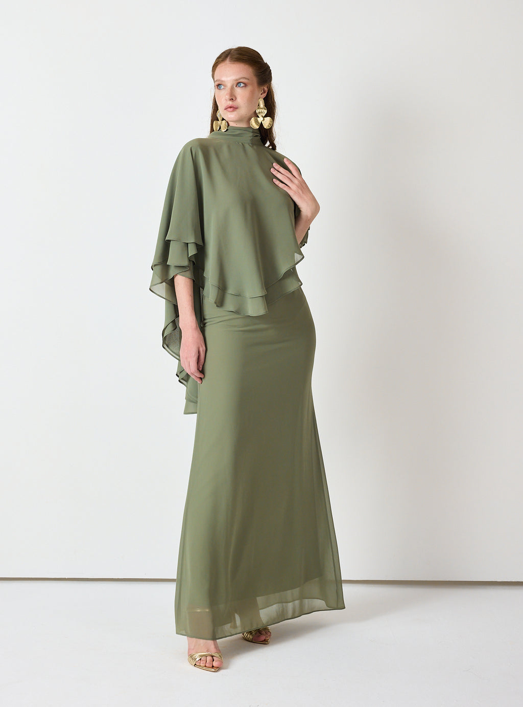 Army Green Chiffon Skirt Set with Layered Cape Top - Store WF