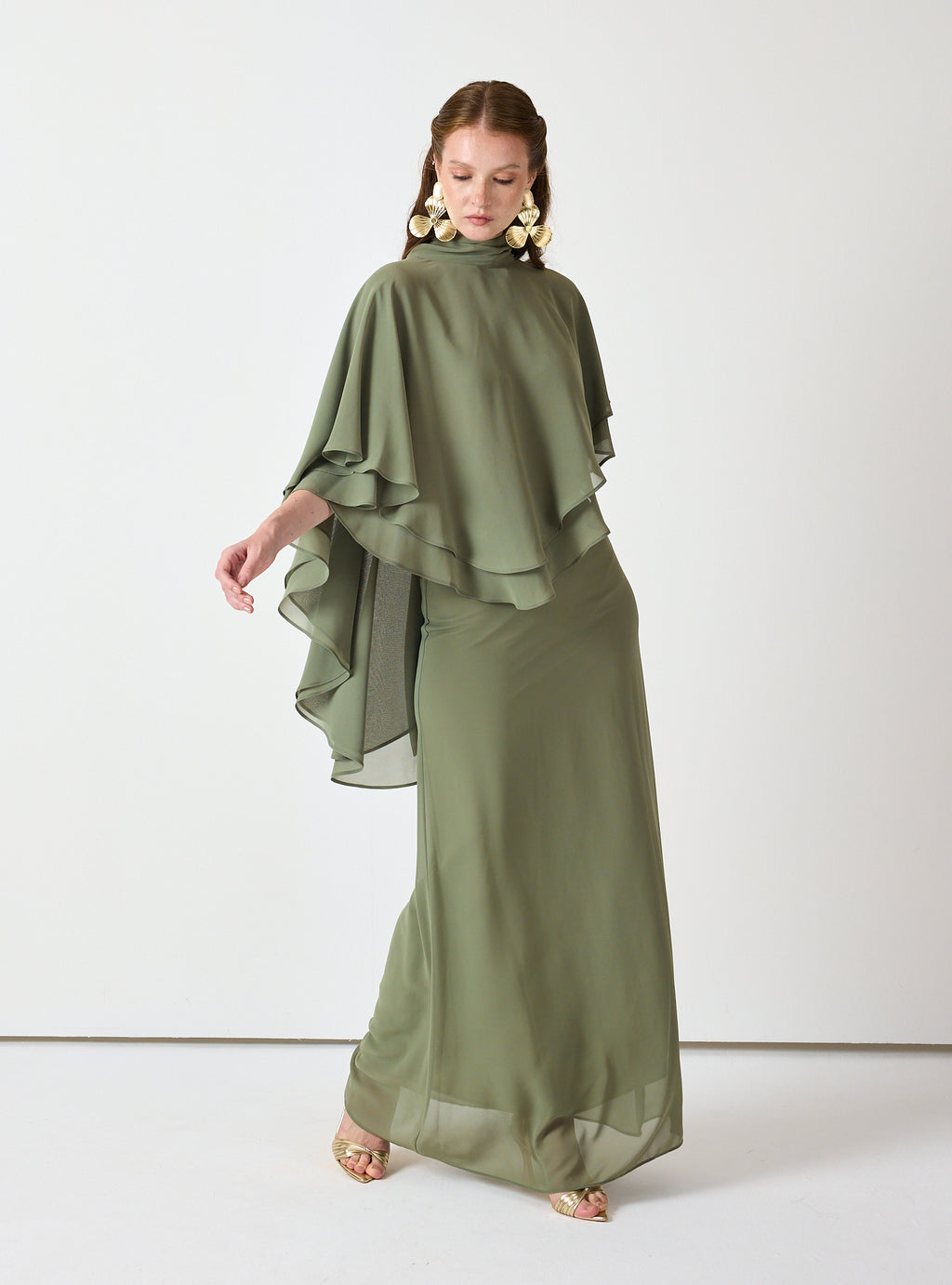 Army Green Chiffon Skirt Set with Layered Cape Top - Store WF