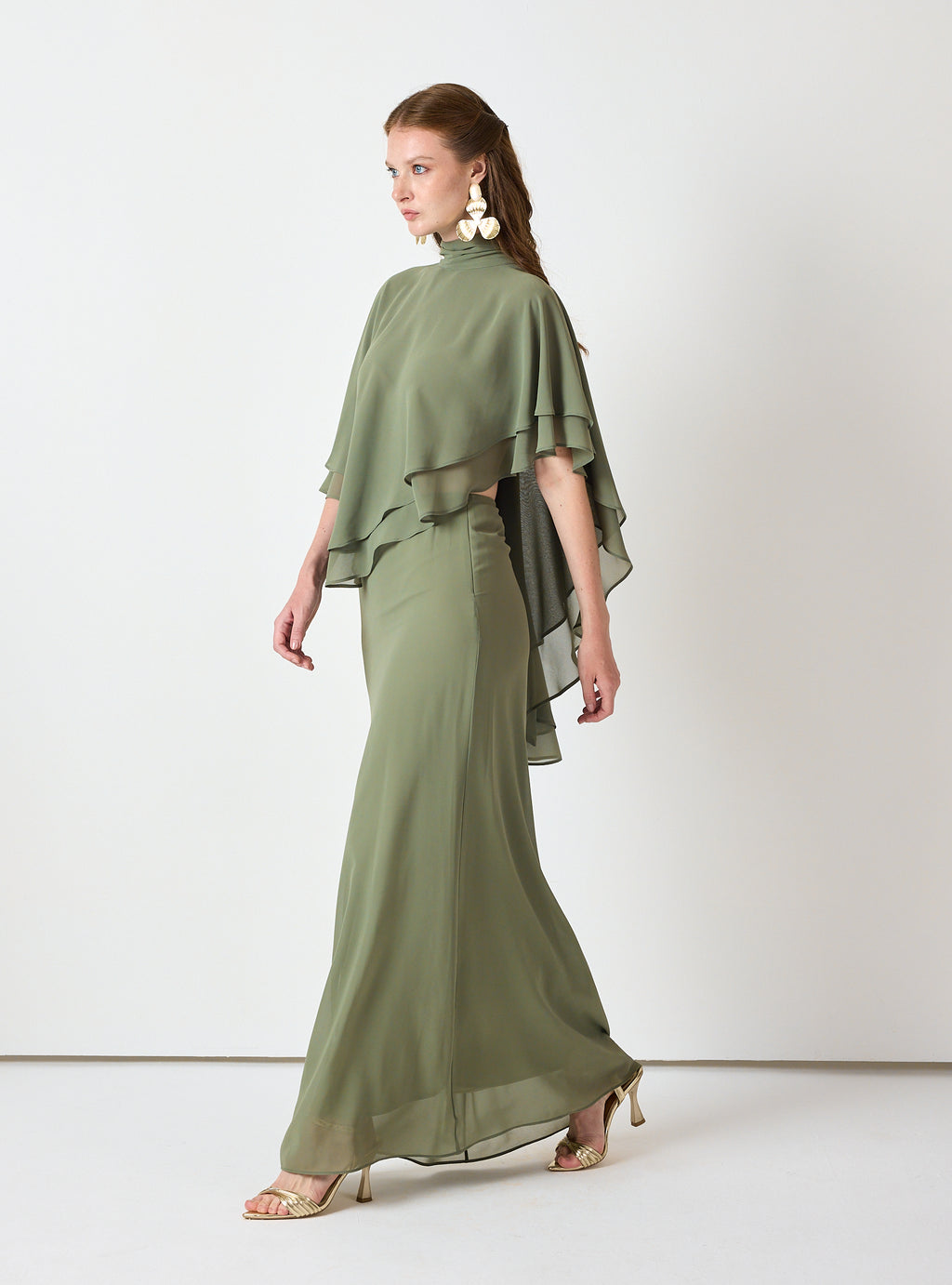 Army Green Chiffon Skirt Set with Layered Cape Top - Store WF