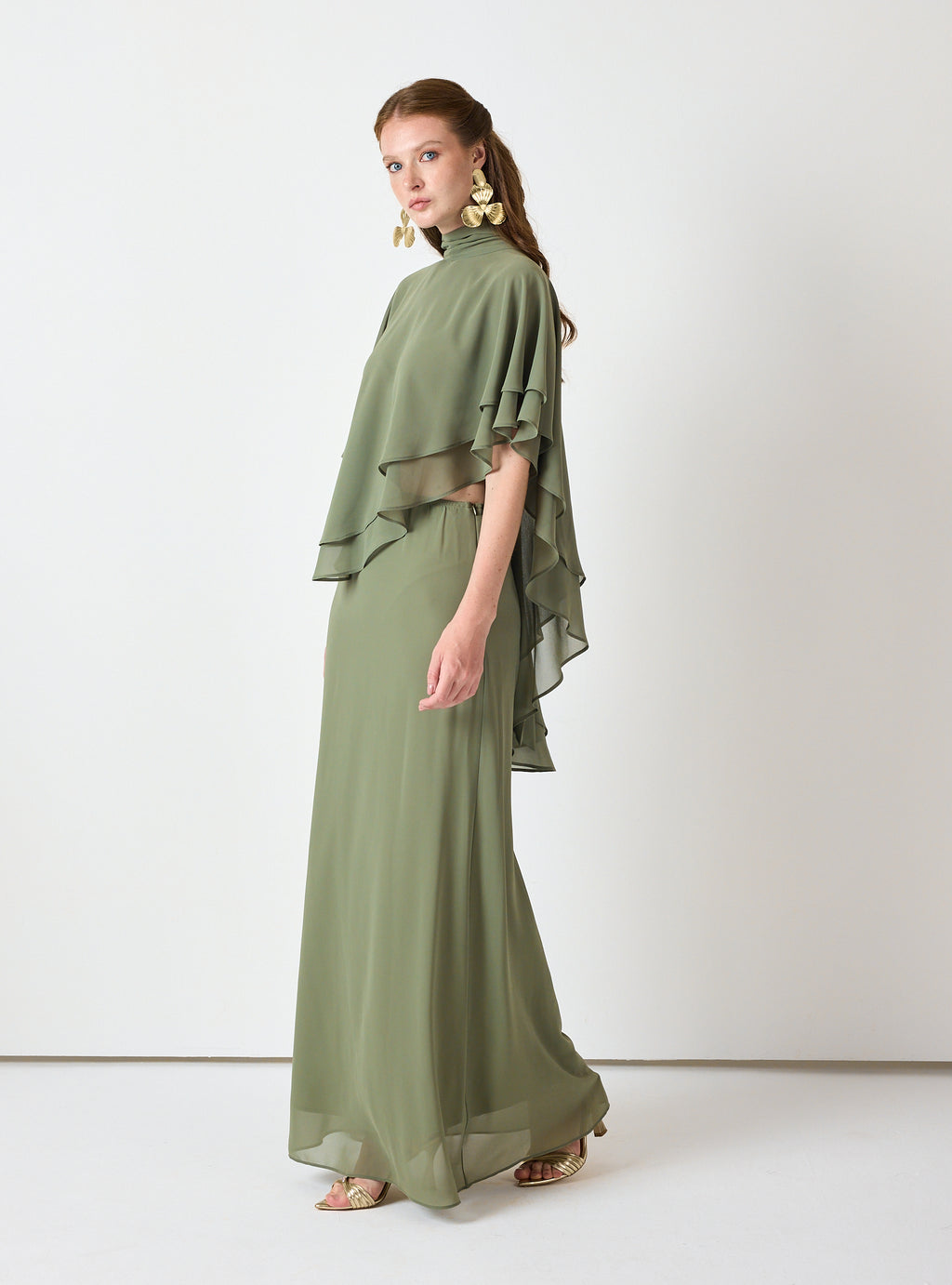 Army Green Chiffon Skirt Set with Layered Cape Top - Store WF