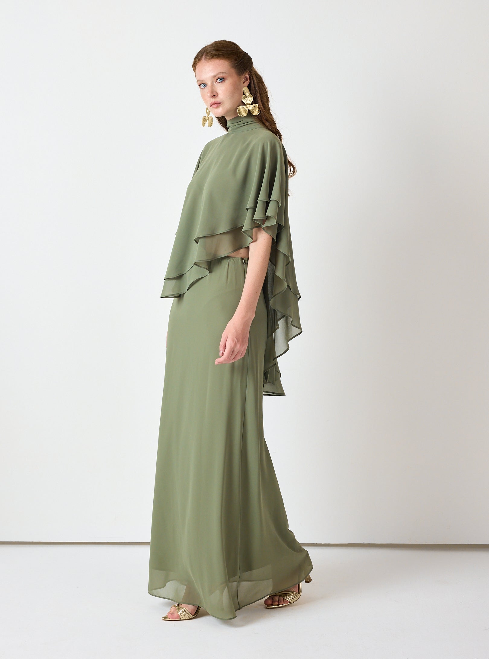 Army Green Chiffon Skirt Set with Layered Cape Top - Store WF