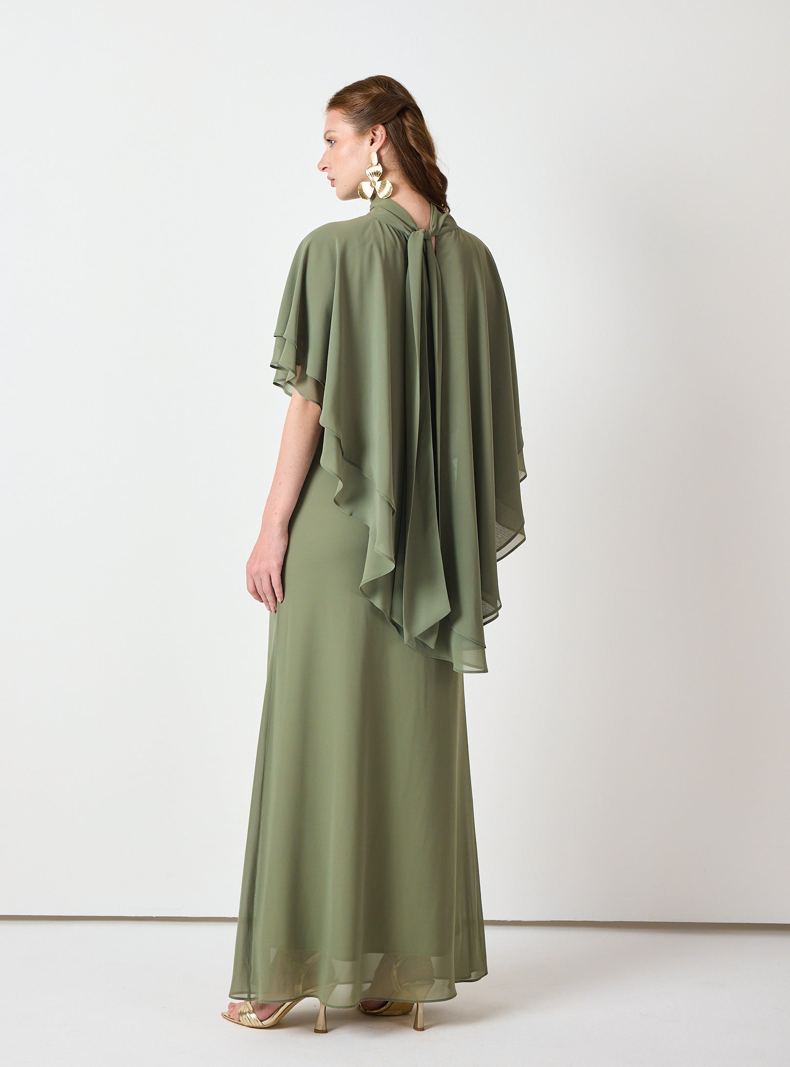 Army Green Chiffon Skirt Set with Layered Cape Top - Store WF