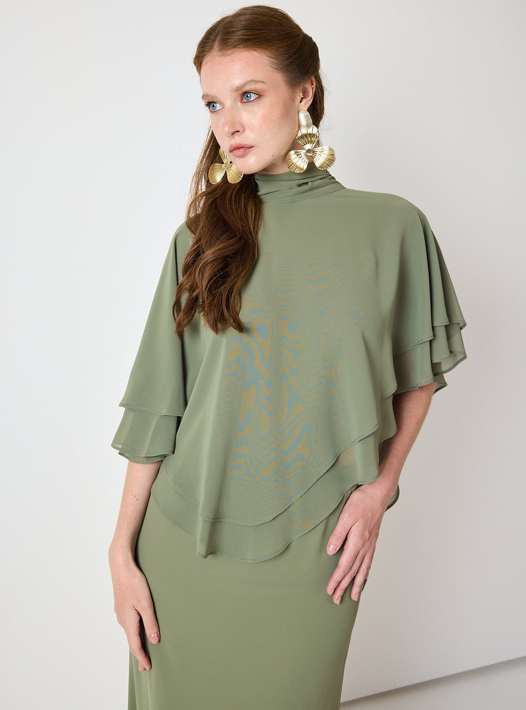 Army Green Chiffon Skirt Set with Layered Cape Top - Store WF