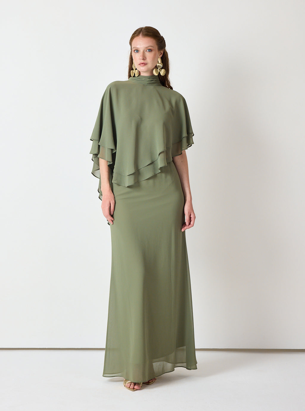 Army Green Chiffon Skirt Set with Layered Cape Top - Store WF
