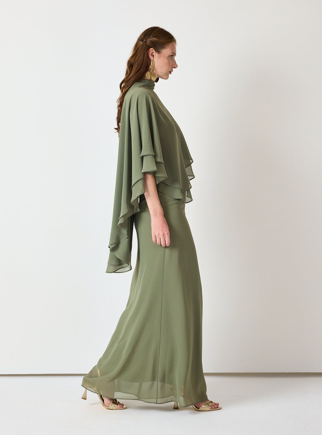 Army Green Chiffon Skirt Set with Layered Cape Top - Store WF