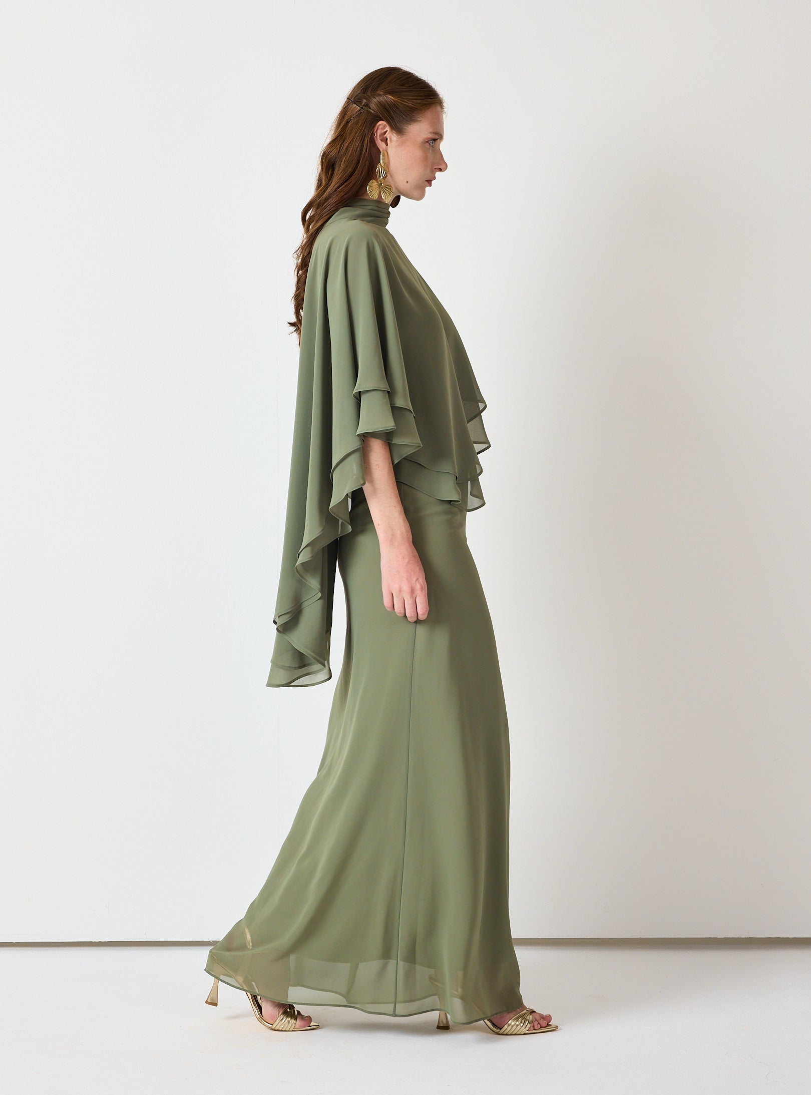 Army Green Chiffon Skirt Set with Layered Cape Top - Store WF
