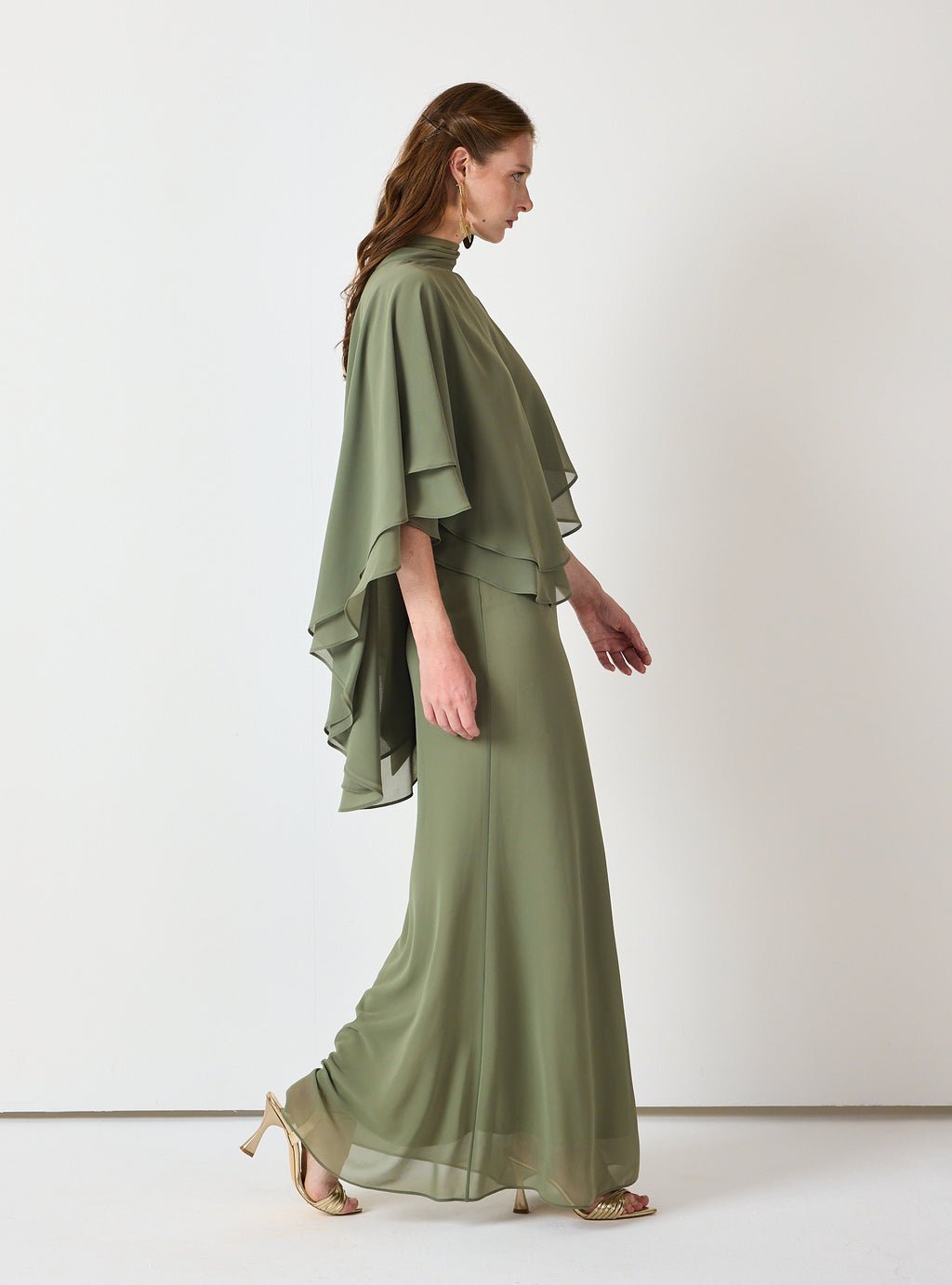 Army Green Chiffon Skirt Set with Layered Cape Top - Store WF