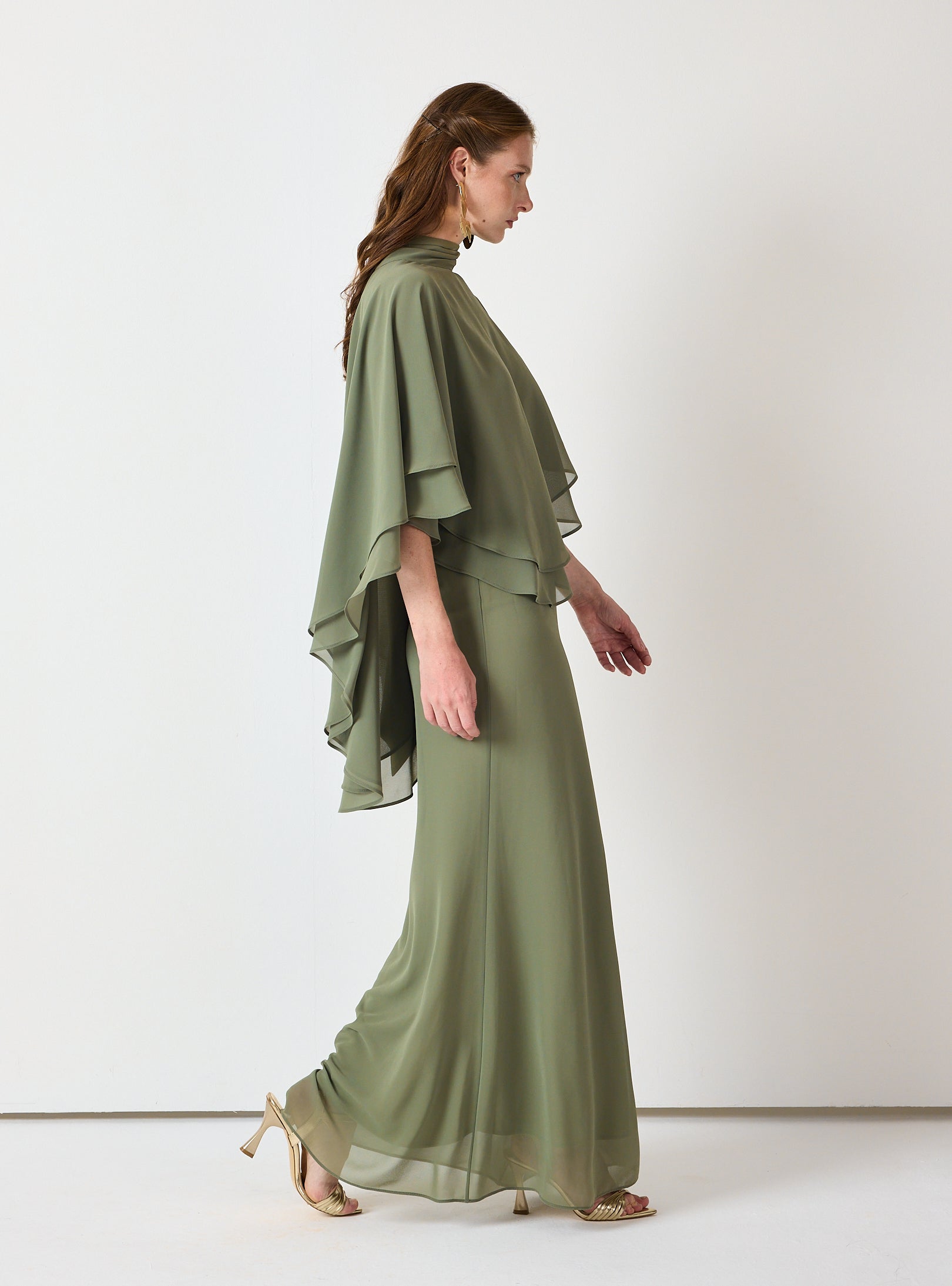Army Green Chiffon Skirt Set with Layered Cape Top - Store WF