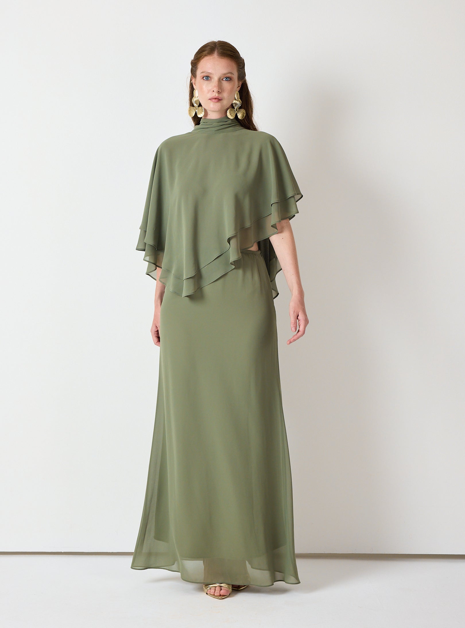 Army Green Chiffon Skirt Set with Layered Cape Top - Store WF