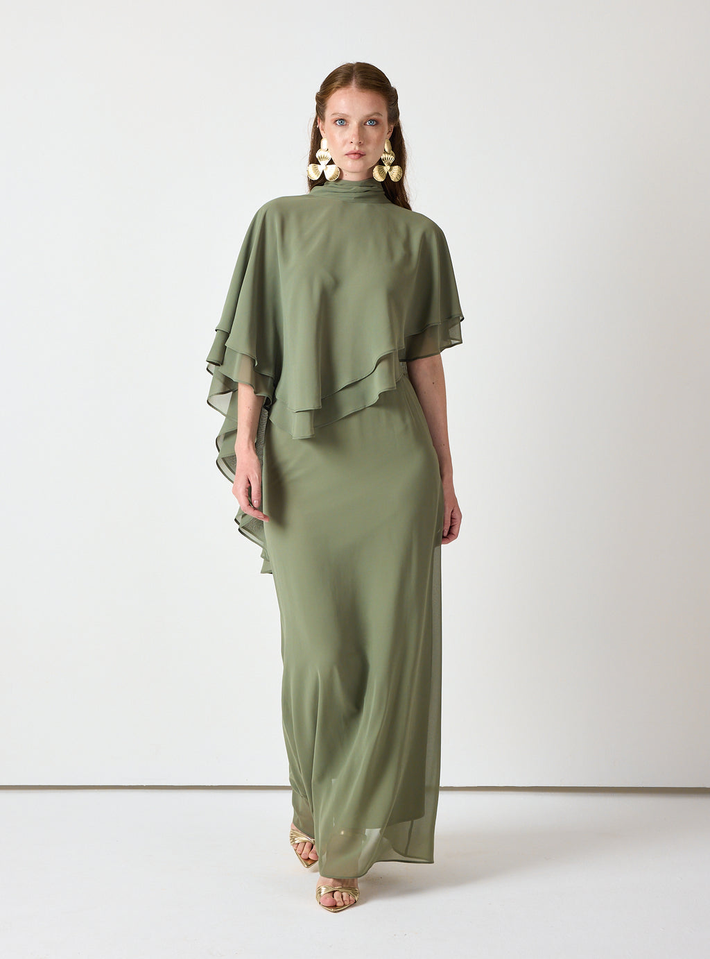 Army Green Chiffon Skirt Set with Layered Cape Top - Store WF