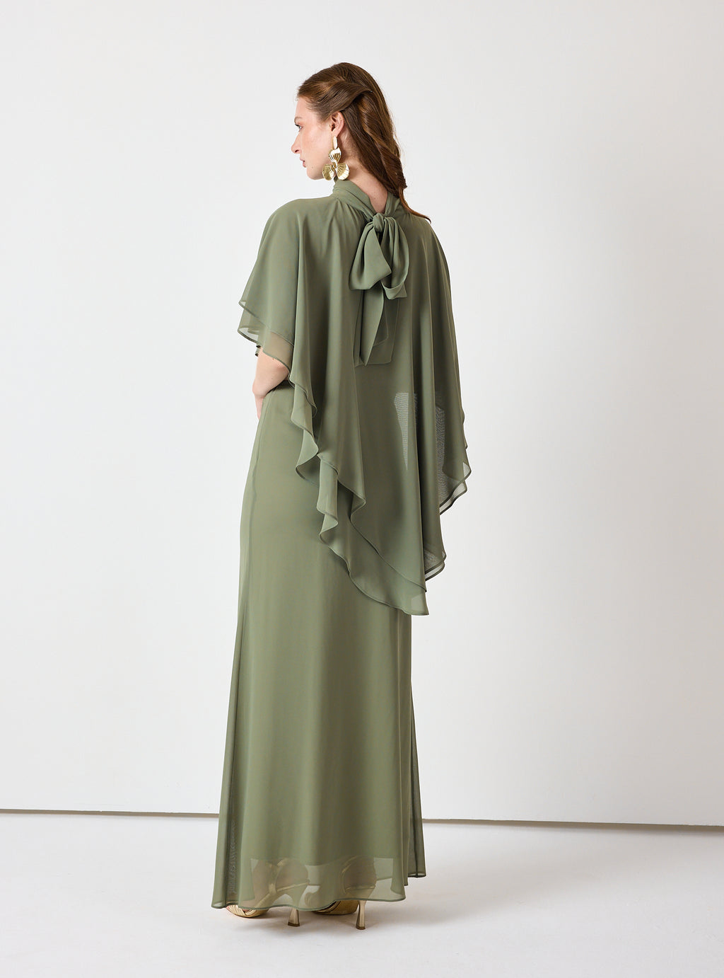 Army Green Chiffon Skirt Set with Layered Cape Top - Store WF