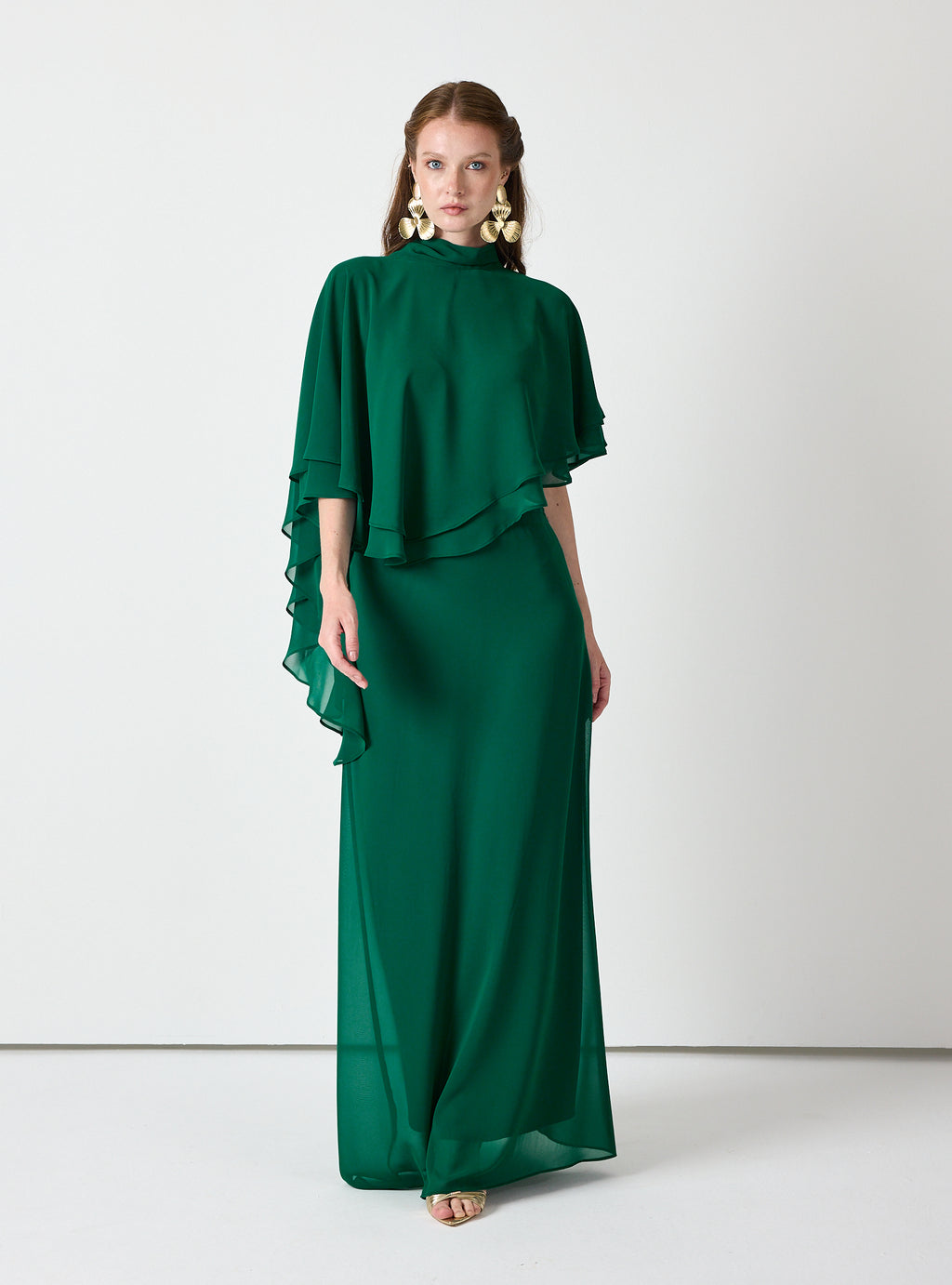 Emerald Chiffon Skirt Set with Layered Cape Top - Store WF