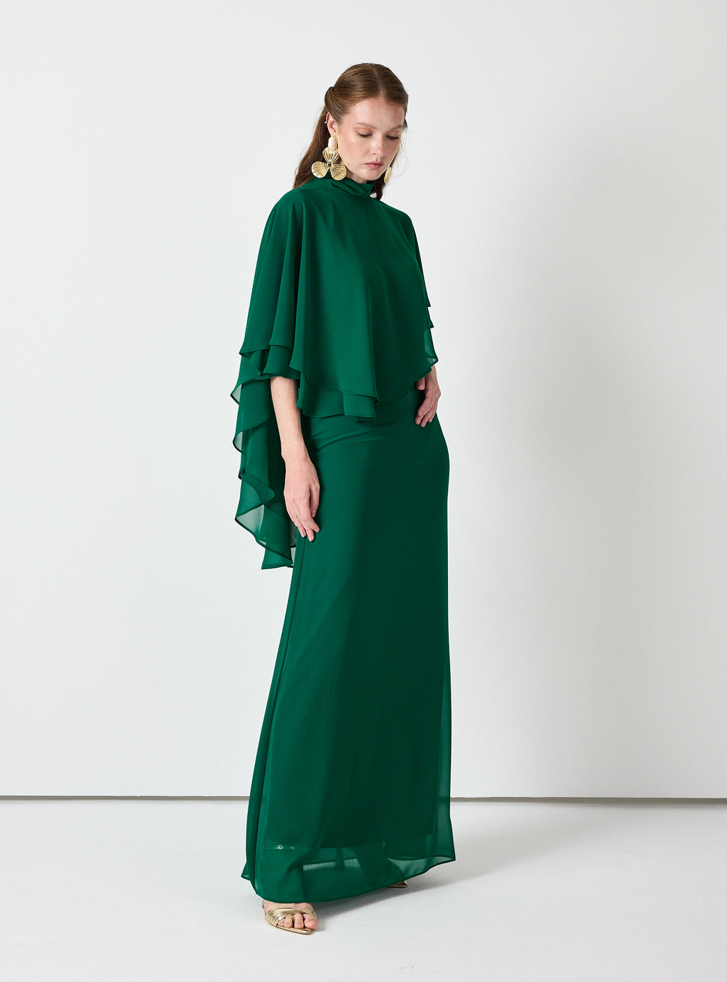 Emerald Chiffon Skirt Set with Layered Cape Top - Store WF