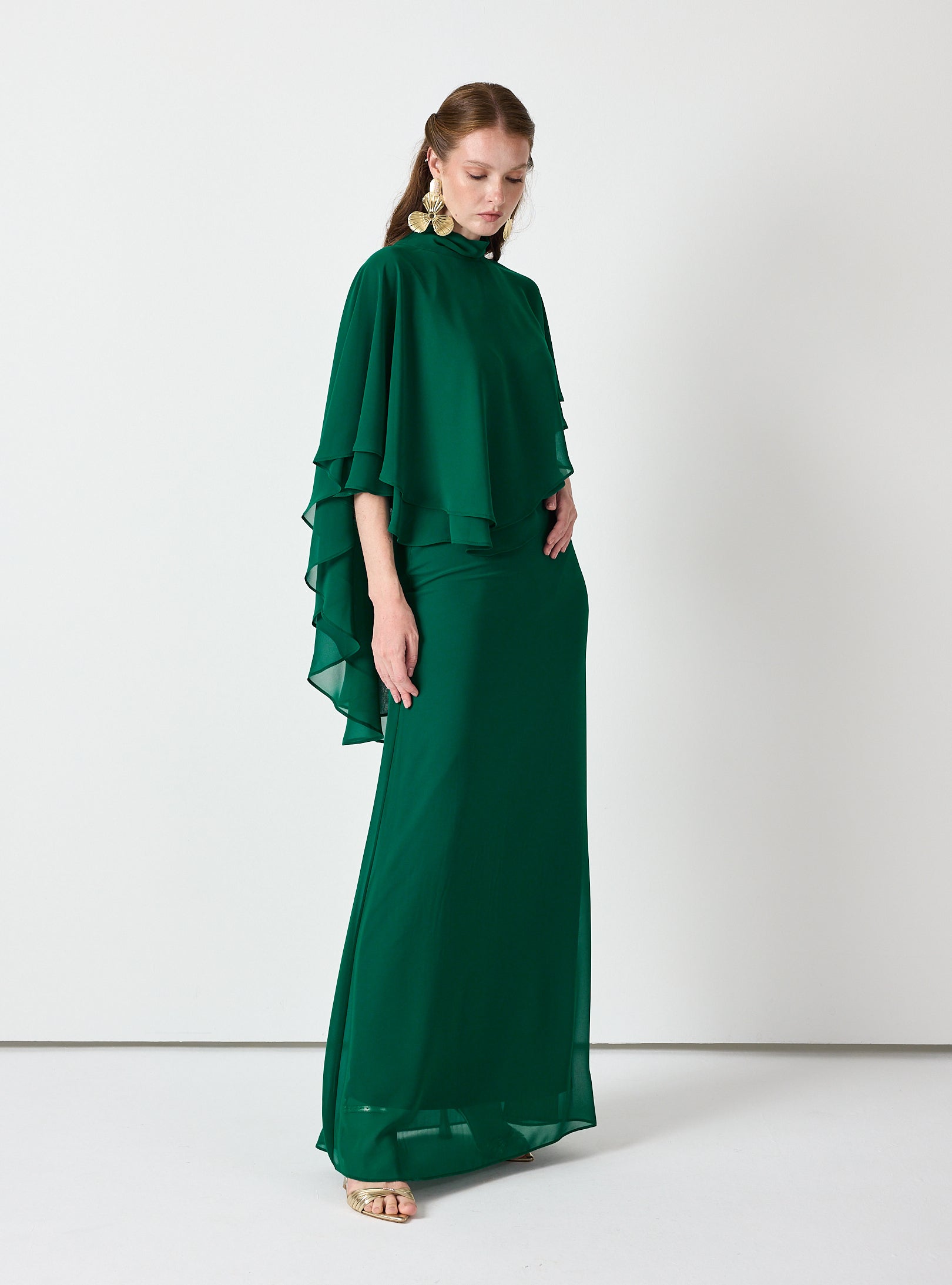 Emerald Chiffon Skirt Set with Layered Cape Top - Store WF