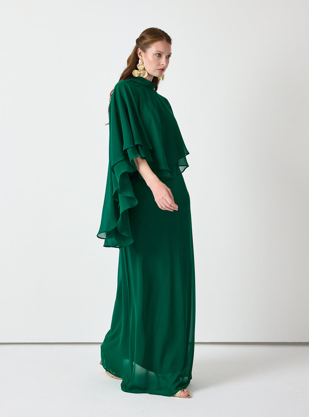 Emerald Chiffon Skirt Set with Layered Cape Top - Store WF
