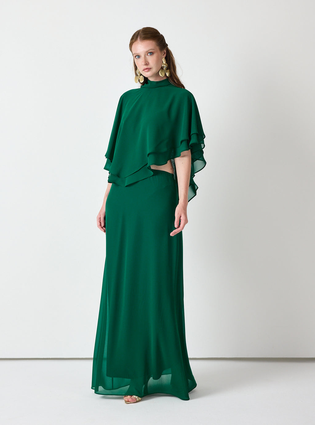 Emerald Chiffon Skirt Set with Layered Cape Top - Store WF