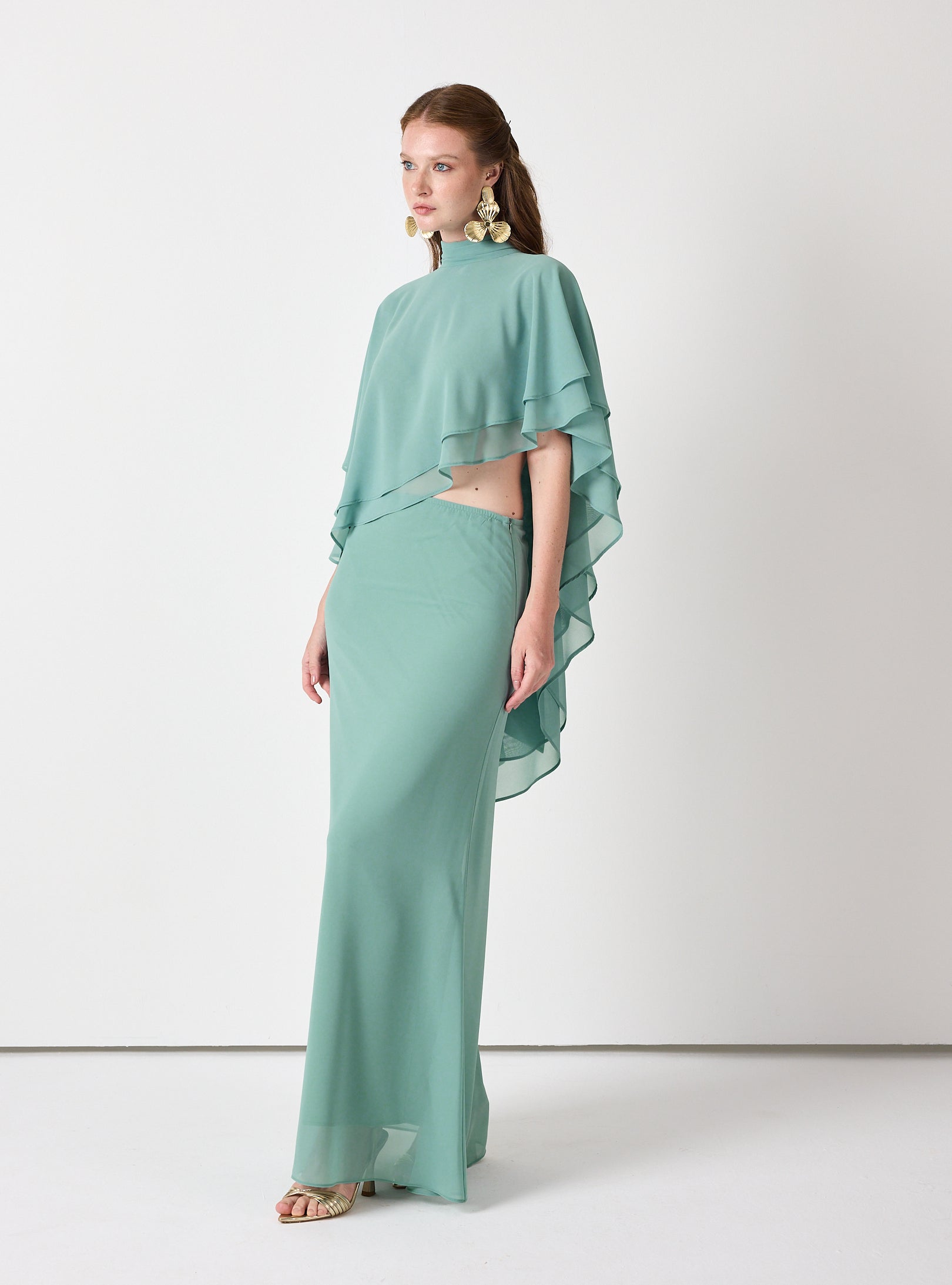 Army Green Chiffon Skirt Set with Layered Cape Top - Store WF