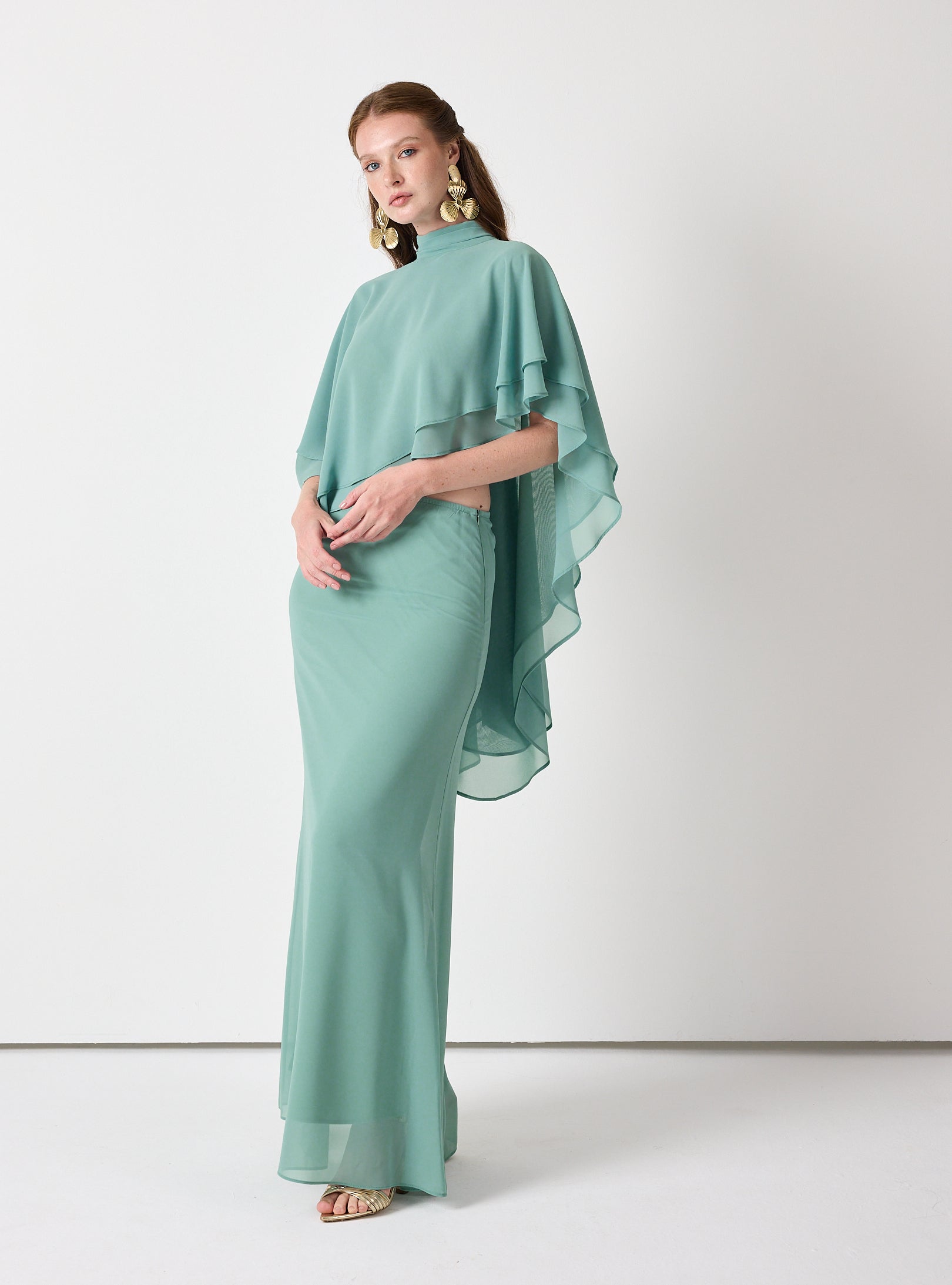 Army Green Chiffon Skirt Set with Layered Cape Top - Store WF