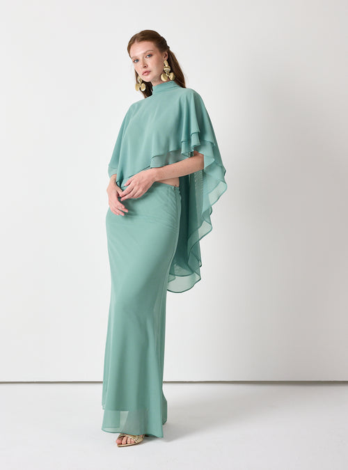 Army Green Chiffon Skirt Set with Layered Cape Top - Store WF